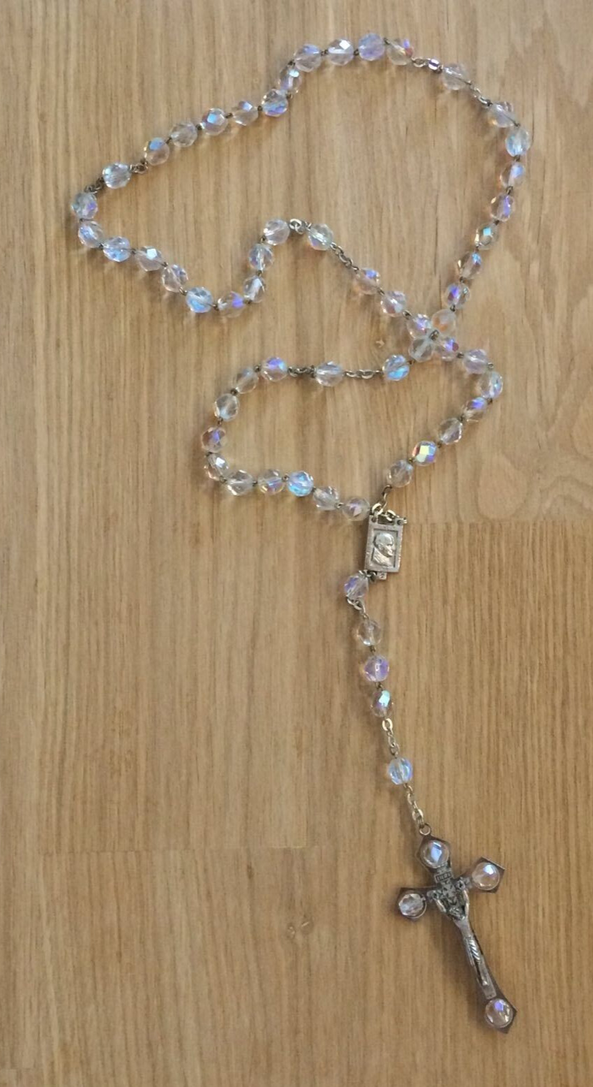 Vintage Rosary Italy Religious Aurora Borealis Necklace Anno Santo 1975