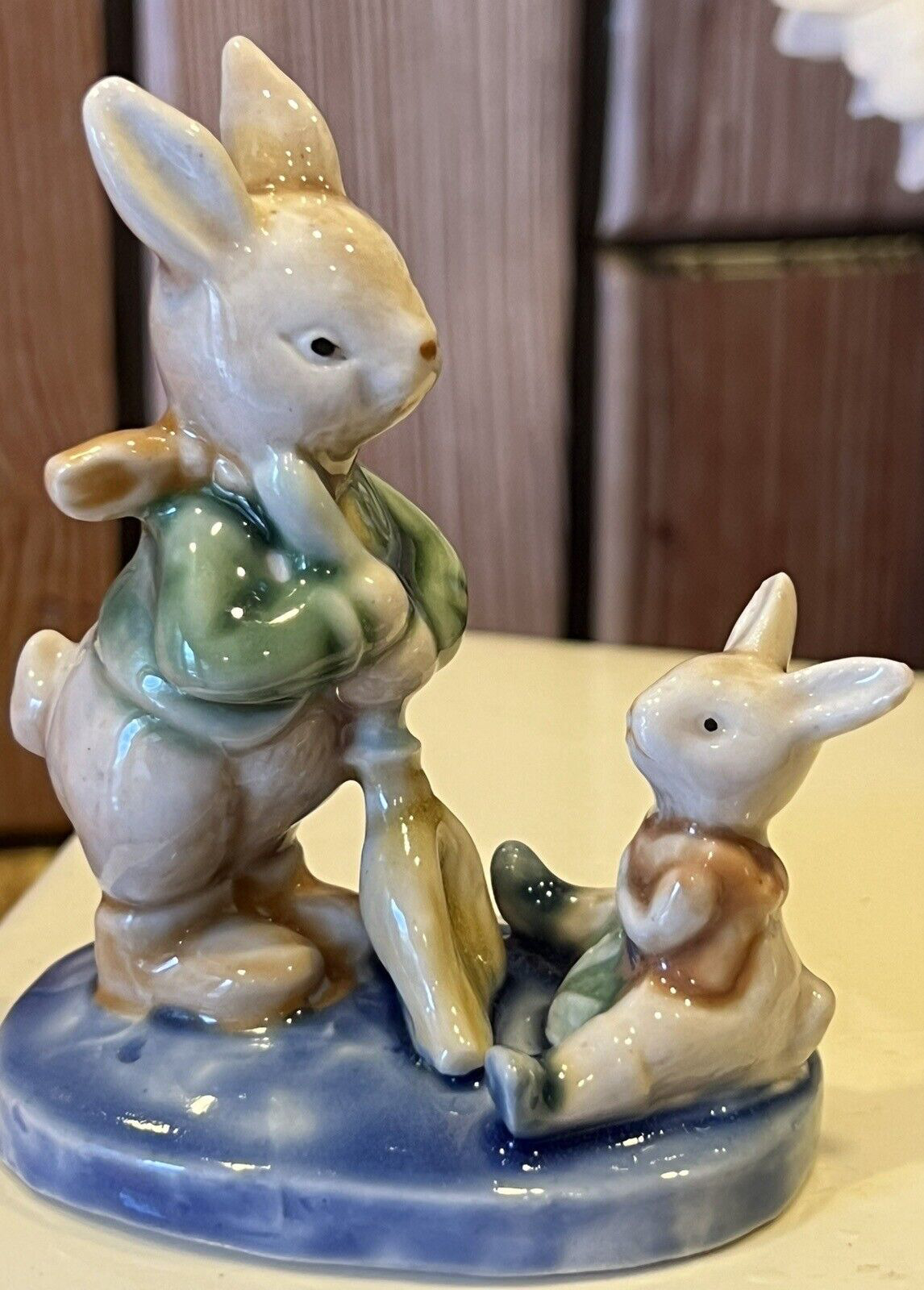 Vintage Albert Kessler Bunny Rabbit  Figurine Dad Sweeping with & Child