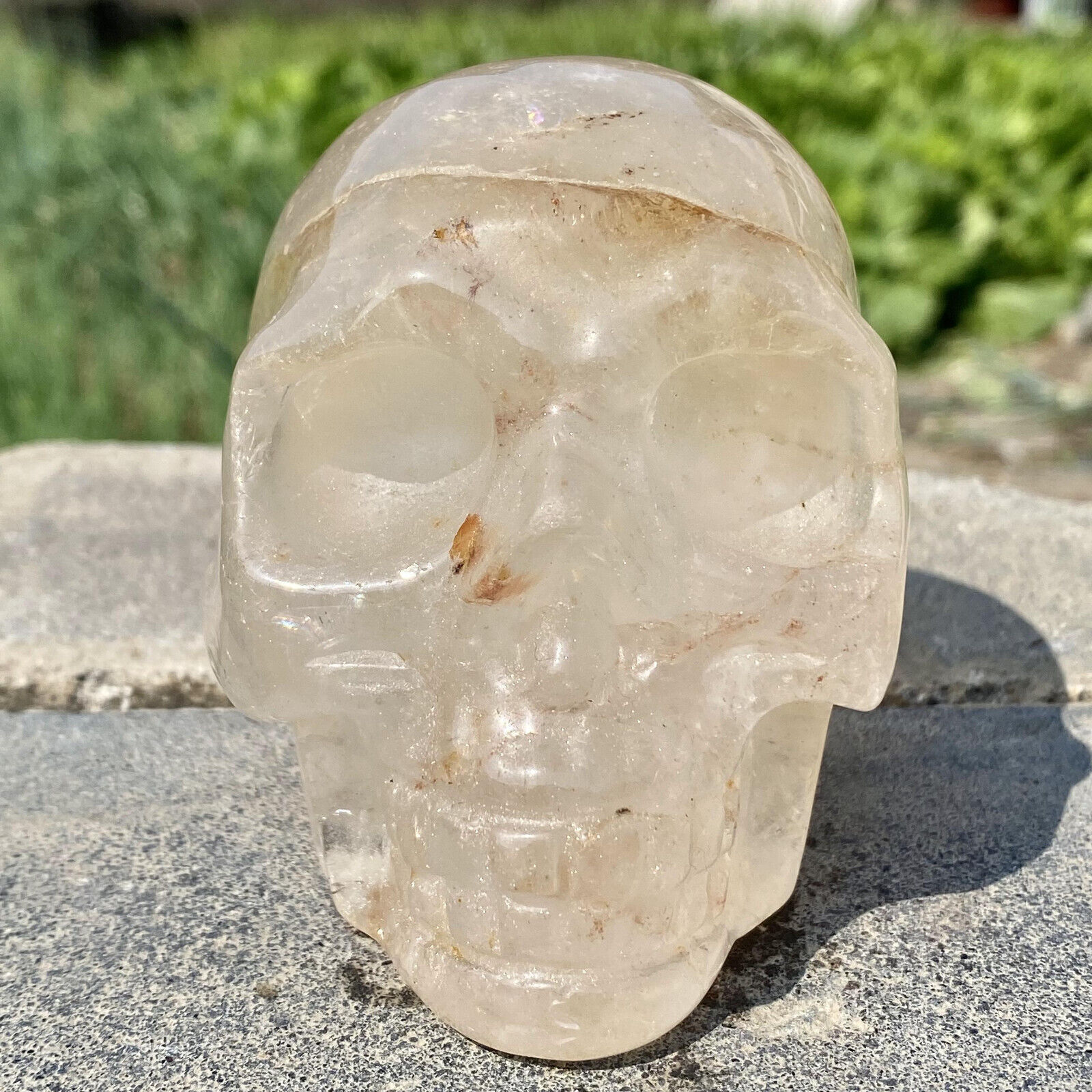 1.7LB Natural clear quartz white crystal Hand Carved Skull reiki Healing
