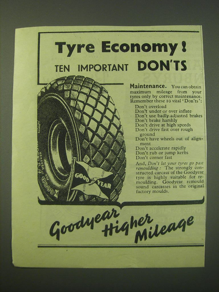 1942 Goodyear Tyres Ad - Tyre Economy Ten important don\'ts