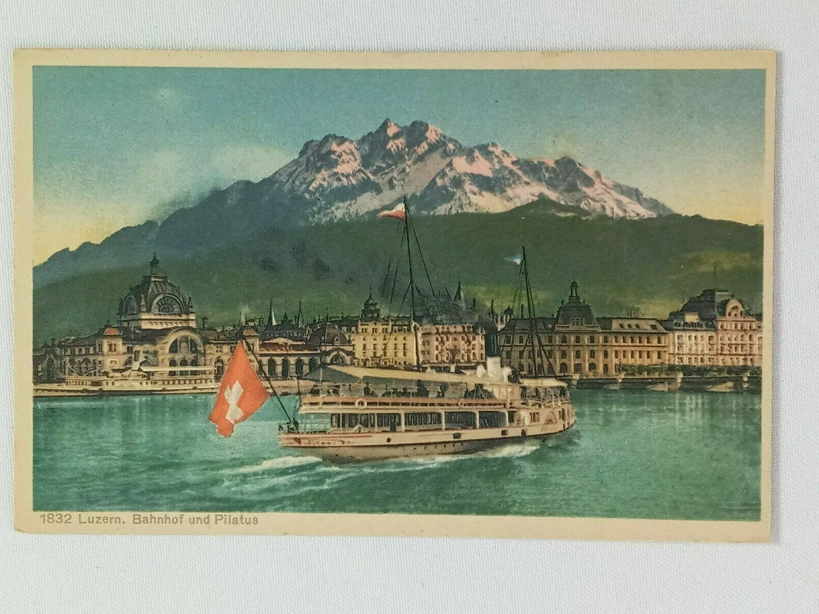 Vintage Postcard 1920's Luzern Bahahof und Pilatus Boat Austria Switzerland