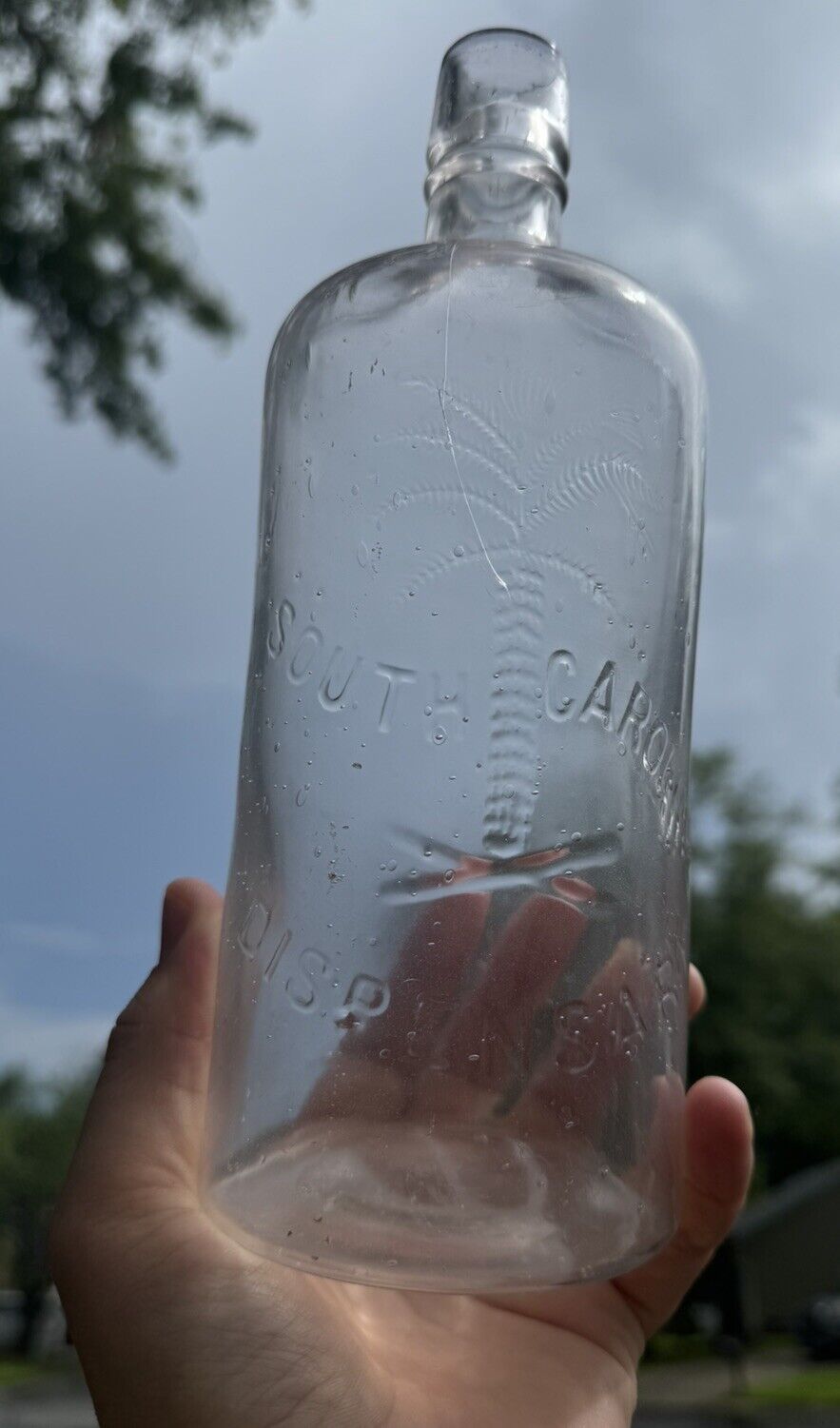 South Carolina Dispensary Bottle Quart Palmetto Tree Whiskey Lip Clear - READ