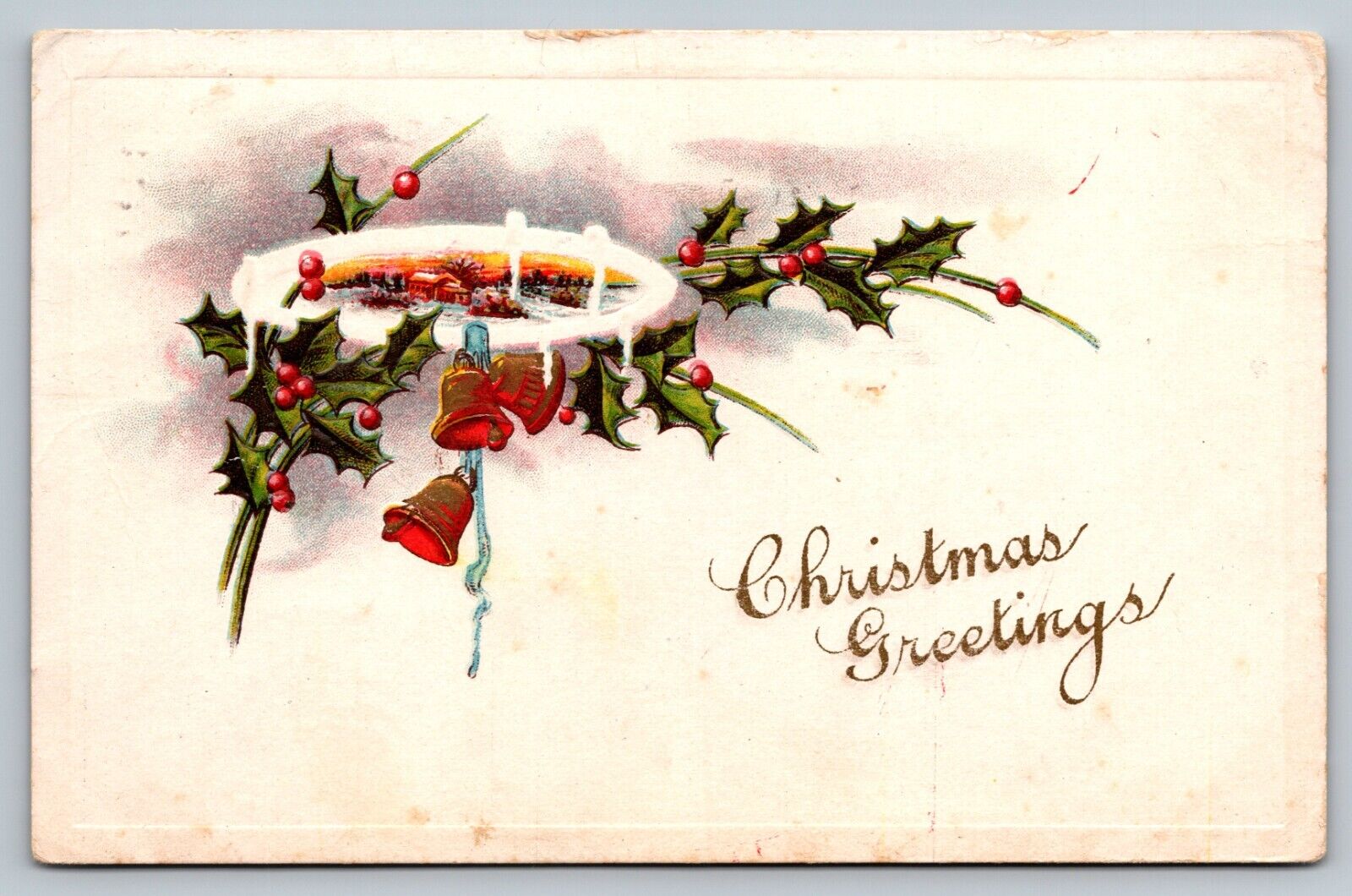 Postcard Christmas greetings winter scene holly bells