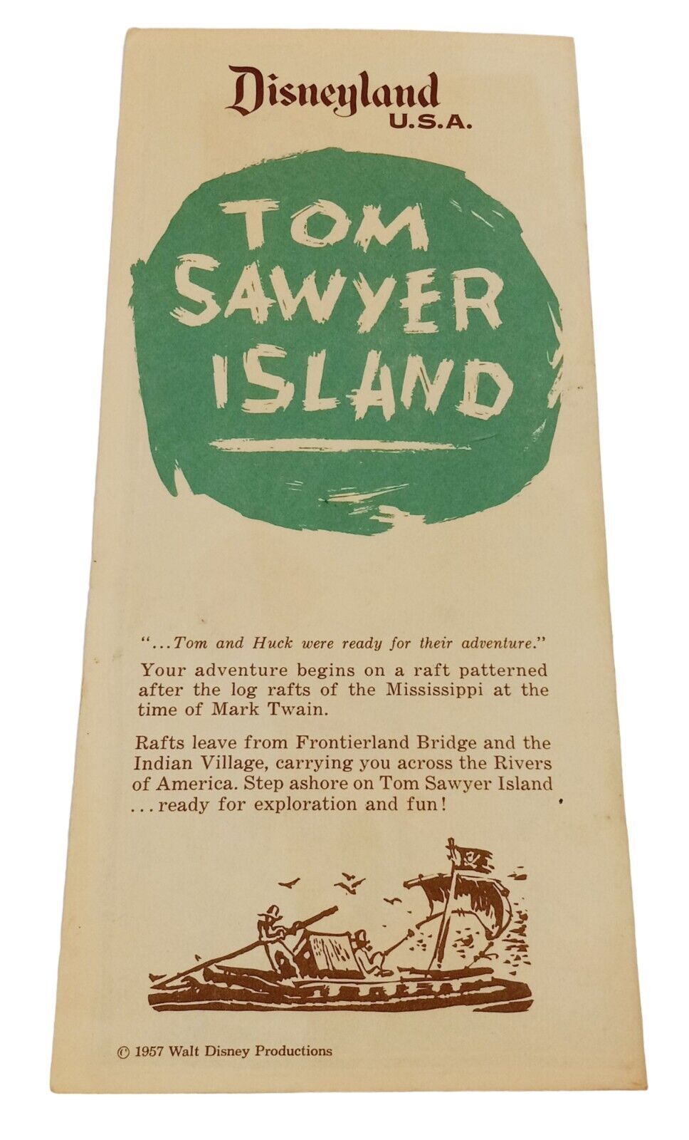 Vintage 1957 Disneyland Tom Sawyer Island Tri-Fold Brochure- Map-Rare 1st Ed