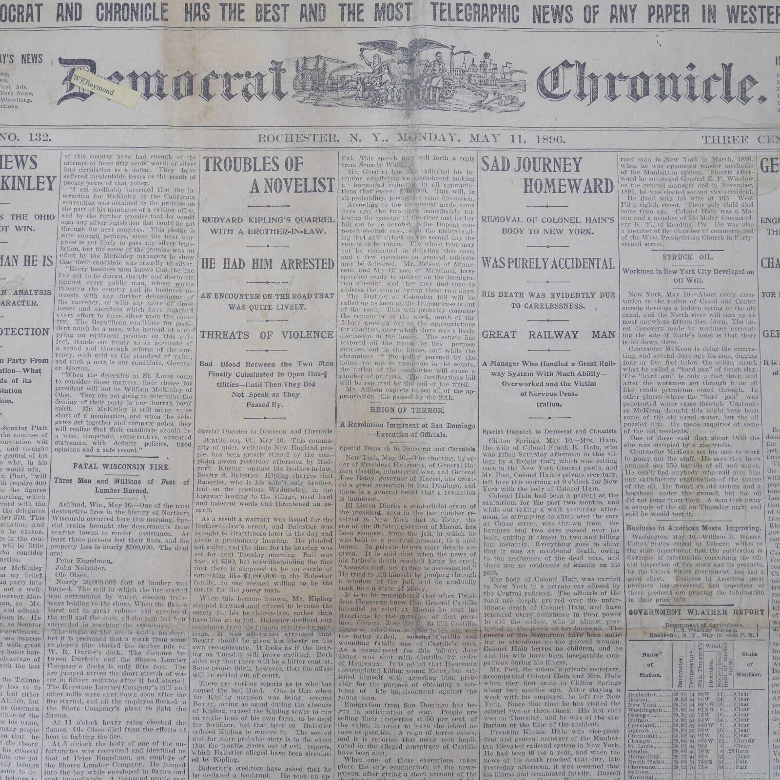 1896 Democrat Chronicle Newspaper WILLIAM MCKINLEY Rudyard Kipling FRANK K HAIN