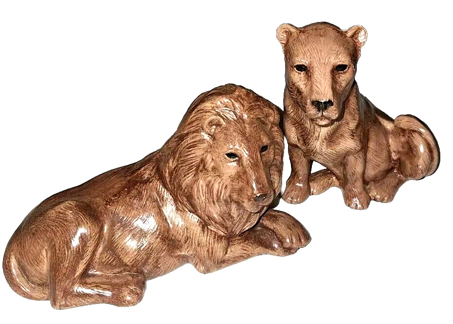 Vintage Lion & Lioness Pair Hand Painted Ceramic Figurines