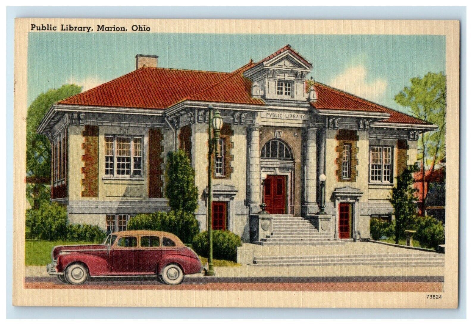 c1940's Public Library Building Car Marion Ohio OH Unposted Vintage Postcard