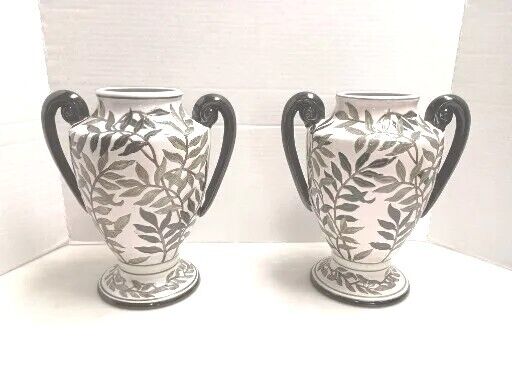 2 Mid Century Modern VTG Hand Painted Urn Style Vases  - Pair