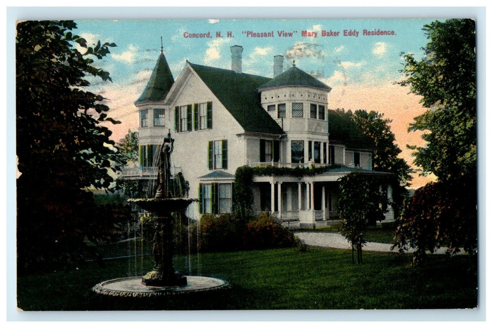 1911 Concord NH, Pleasant View Mary Baker Eddy Residence Fountain Postcard