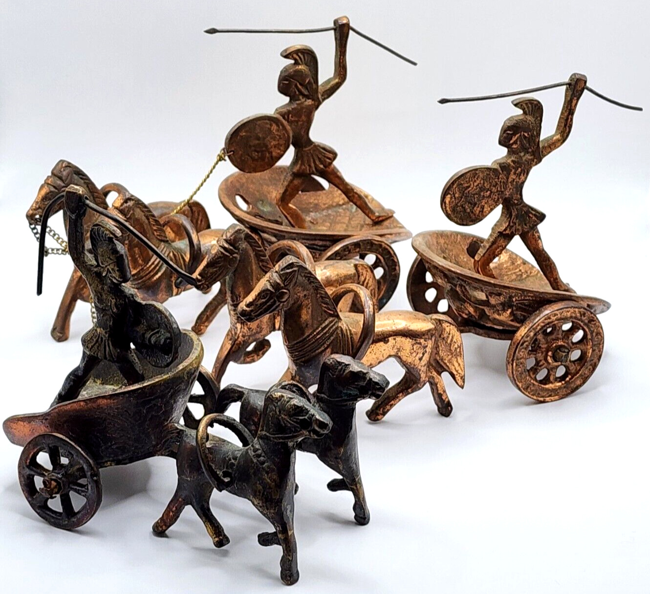 Vintage Antique Roman Warrior Gladiator w/ Horse Cart Brass Lot of 3 Figurines