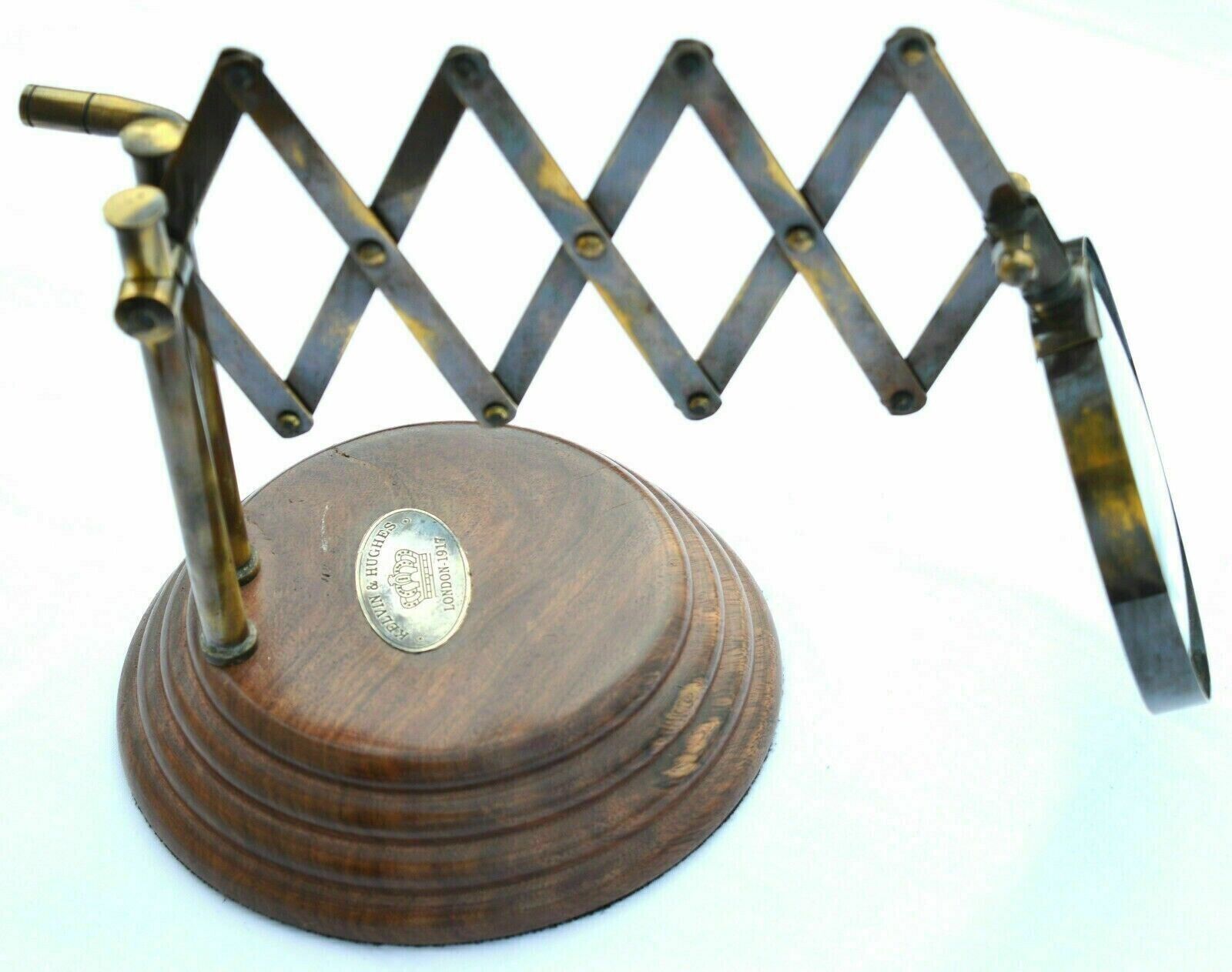 AK Old Desktop Channer Magnifier Brass Vintage Magnifying Glass on Wooden Stand