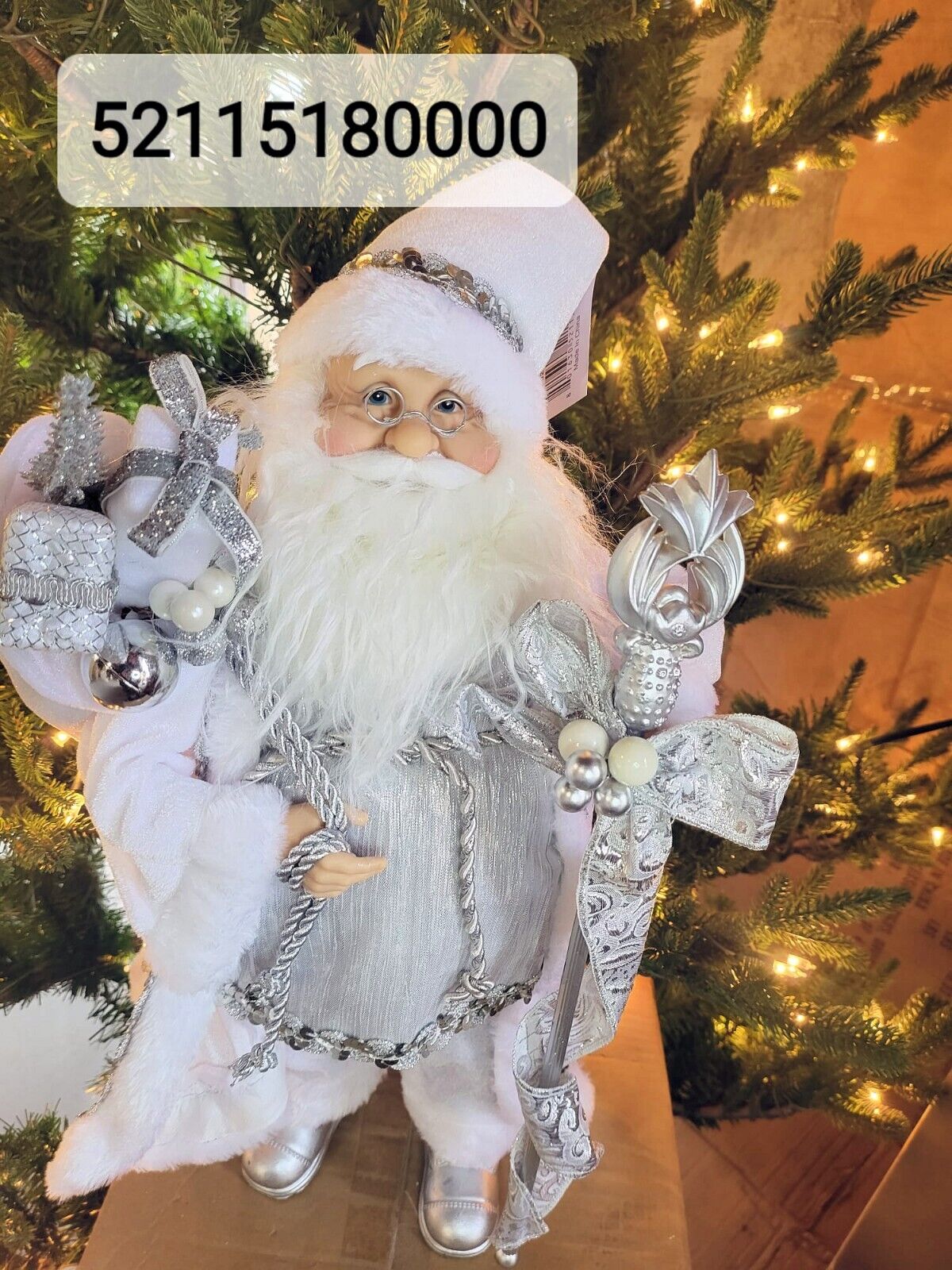 18IN SILVER & WHITE SANTA W STAFF/GIFT SACK HOLIDAY CHRISTMAS DECOR FIGURINE