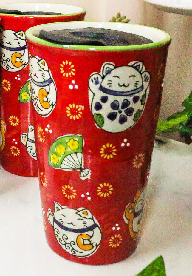 Ebros Red Maneki Neko Lucky Cat Ceramic Travel Mug Cup 12oz With Lid Hot Or Cold