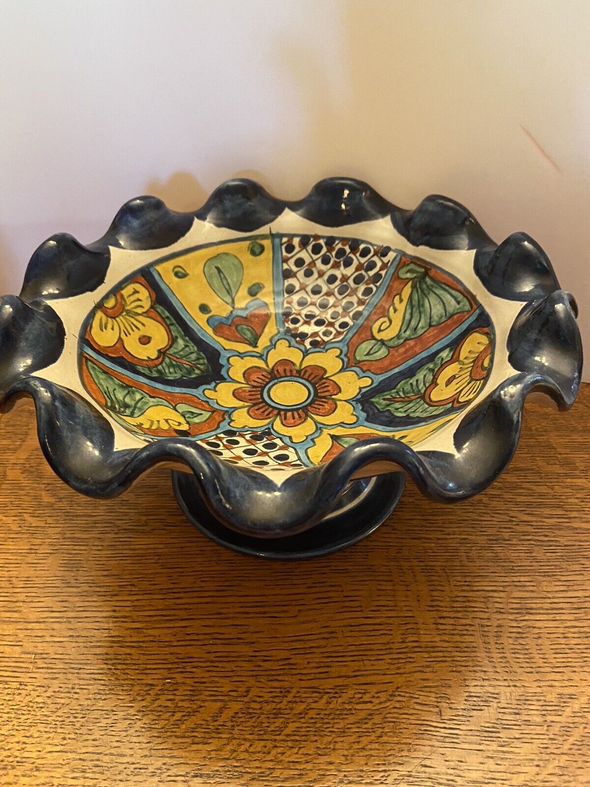 Mexican Talavera Bowl Pedestal Handmade Signed M Mora Heco Mexico