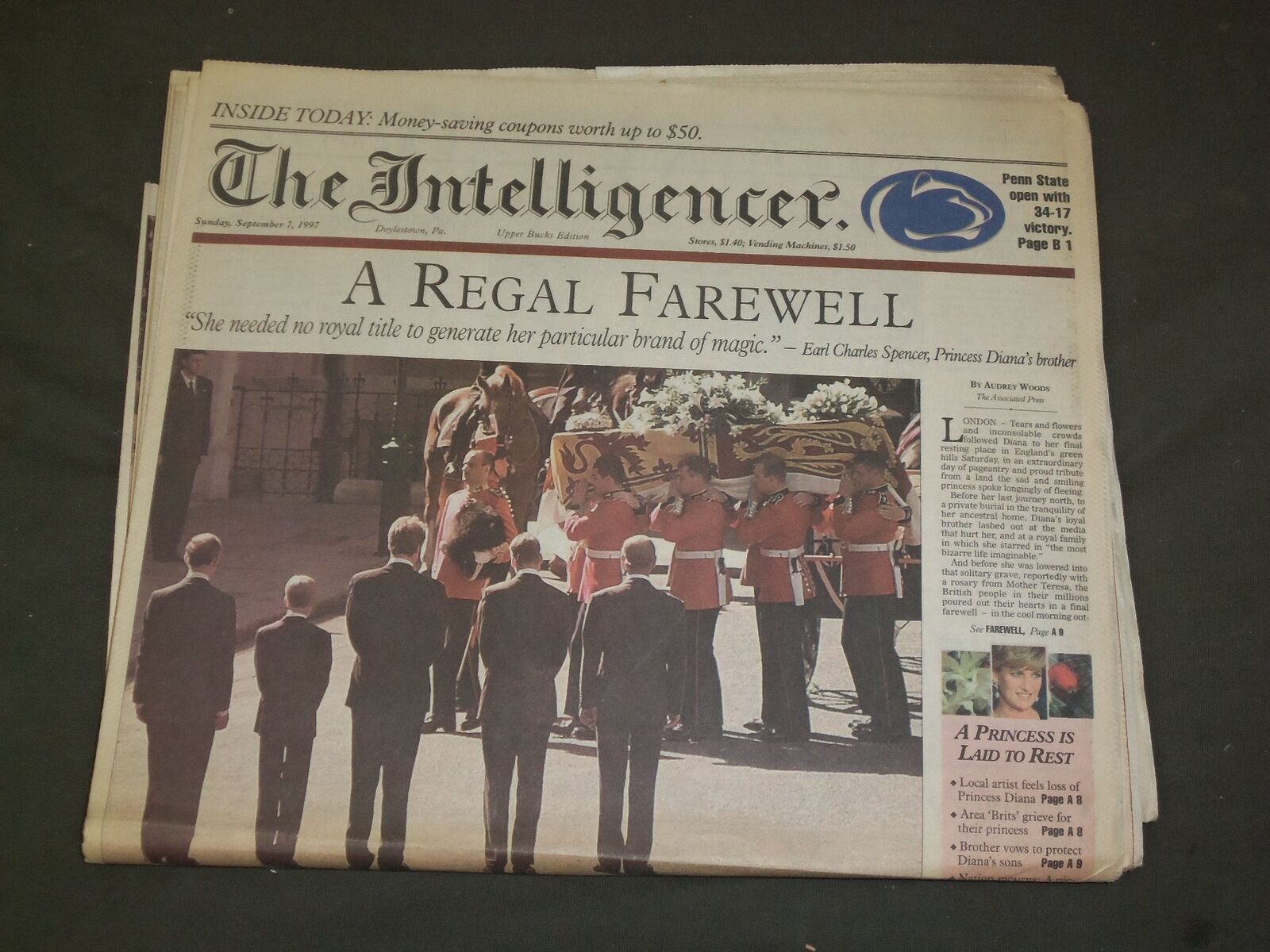1997 SEPTEMBER 7 THE INTELLIGENCER NEWSPAPER - PRINCESS DIANA FUNERAL - NP 3193