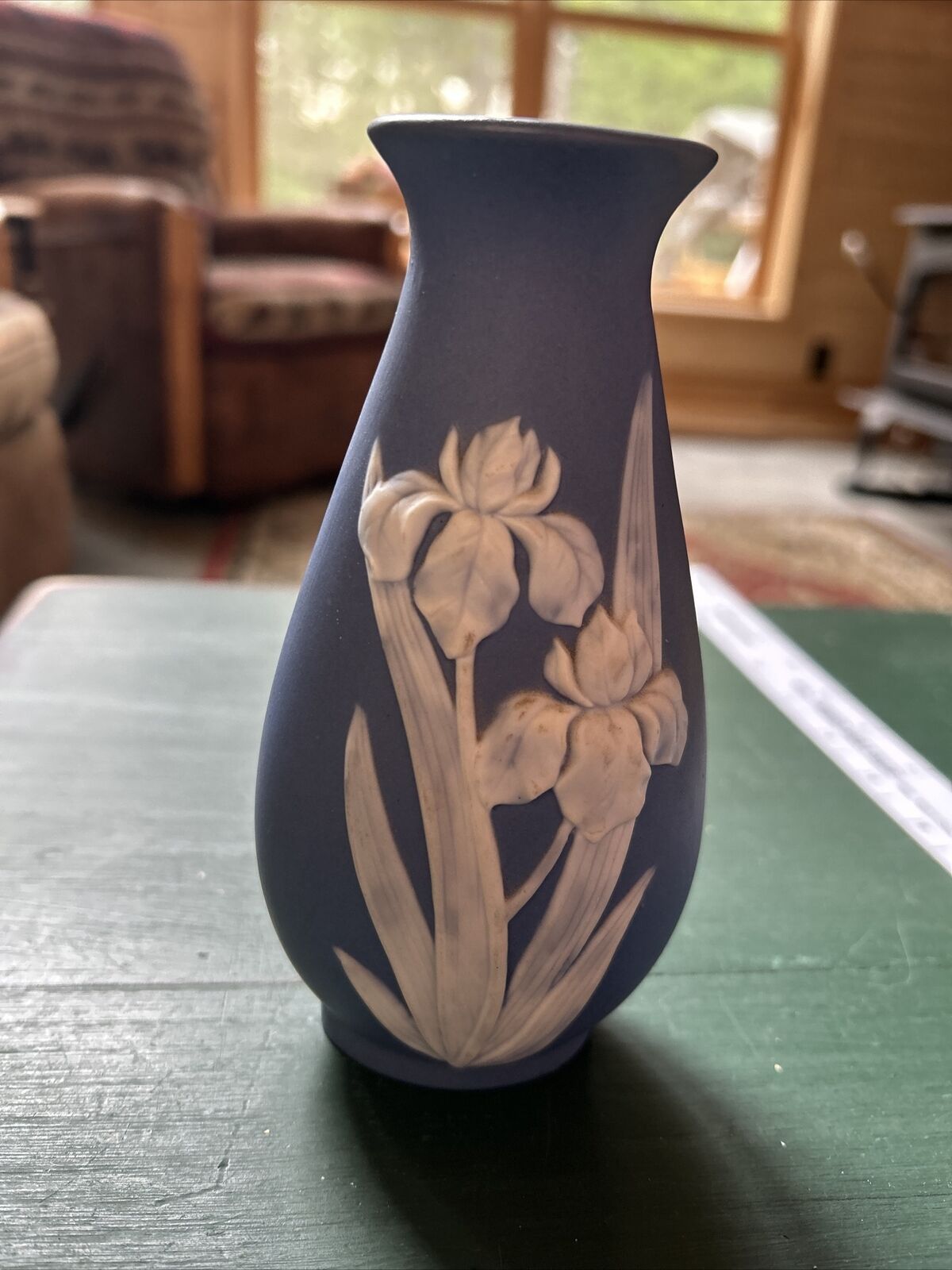 Vintage Blue Vase With Applied White Florals