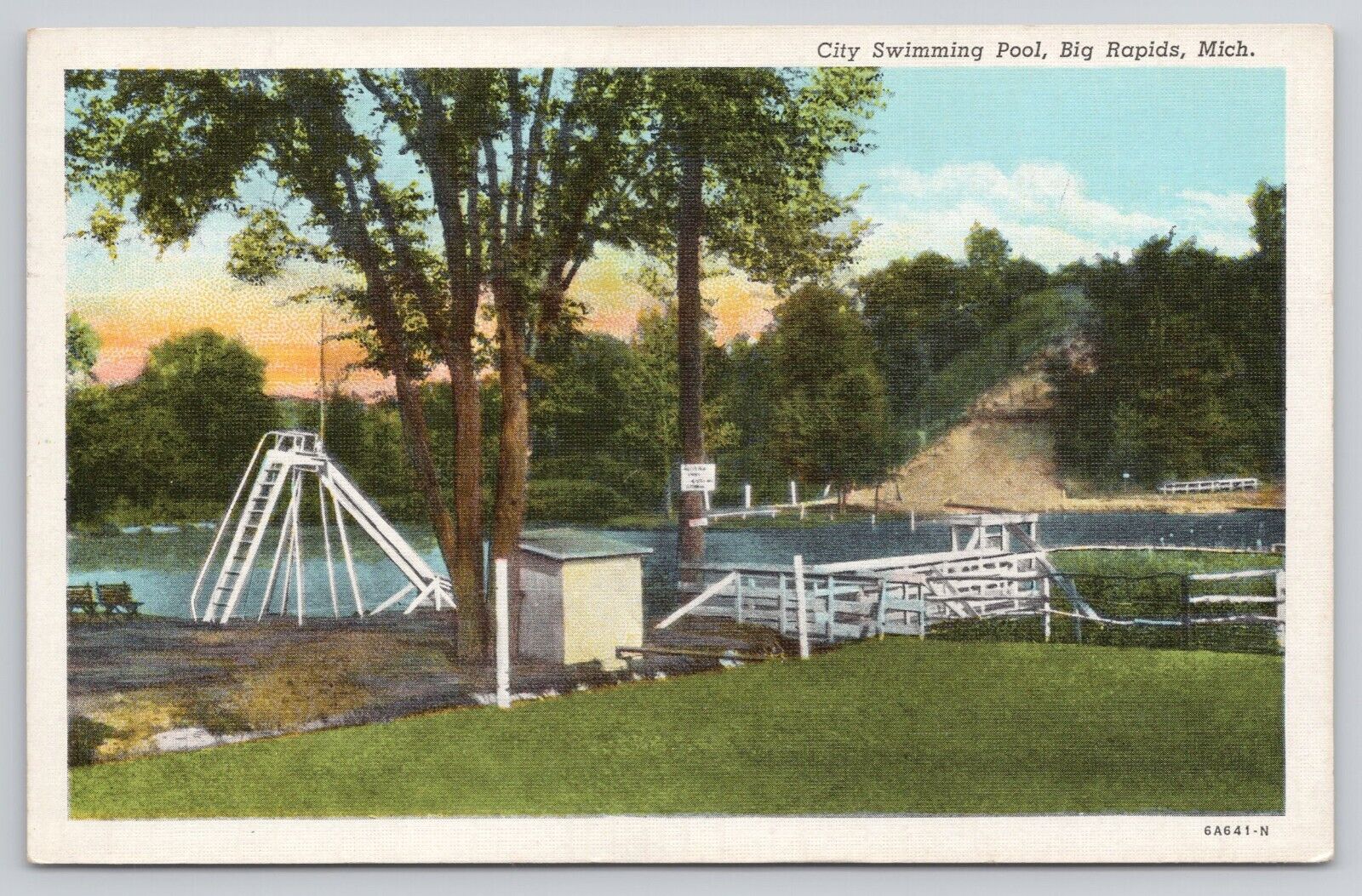 Big Rapids Michigan MI City Swimming Pool Slide Vintage 1941 Postcard 