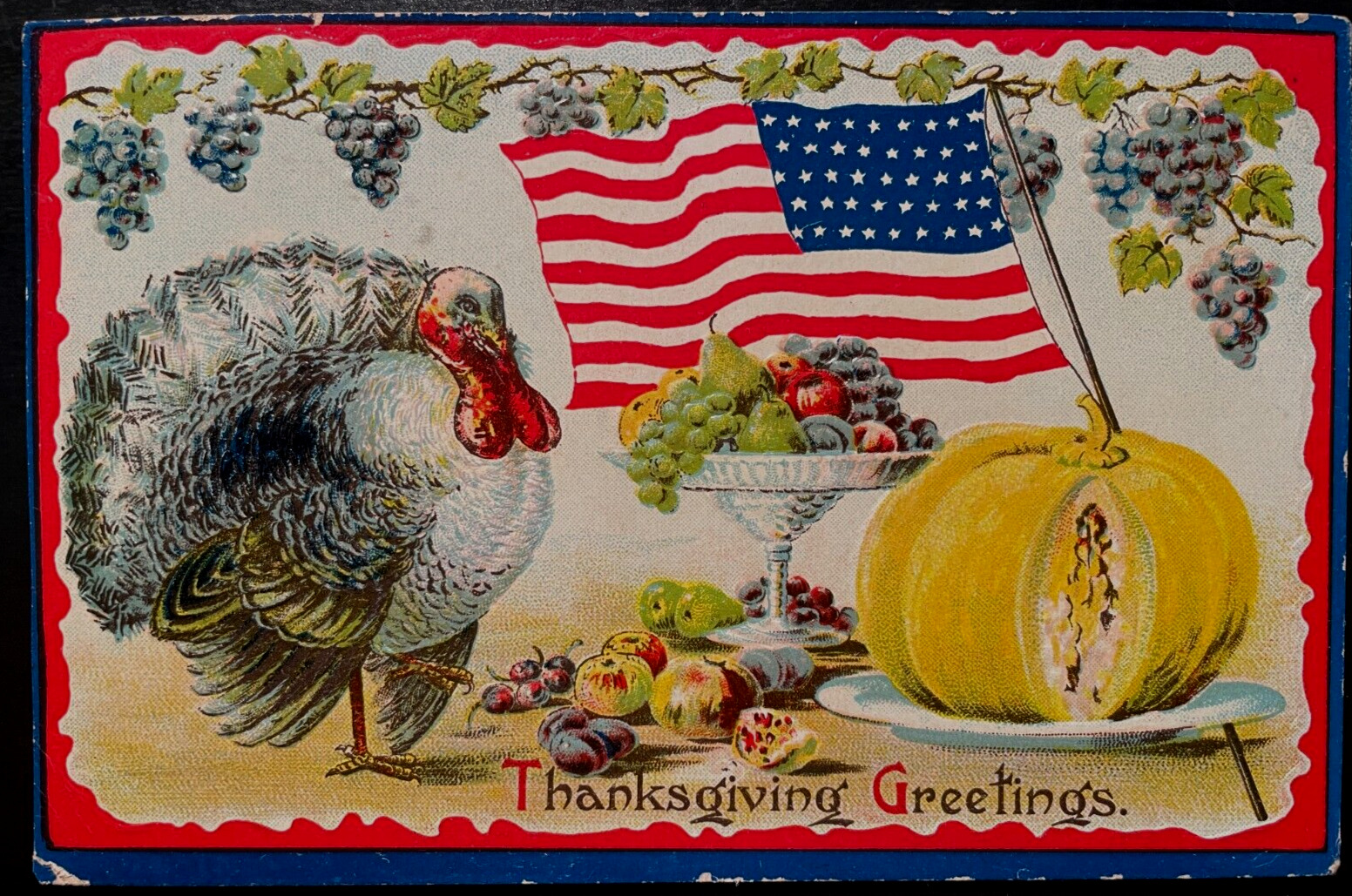 Vintage Victorian Postcard 1910 Patriotic Thanksgiving - Turkey, Flag, Squash
