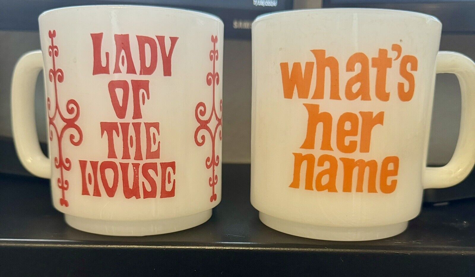 2 Vintage 1970’s Retro Milk Glass Mugs “Lady Of The House” & “What’s Her Name?”