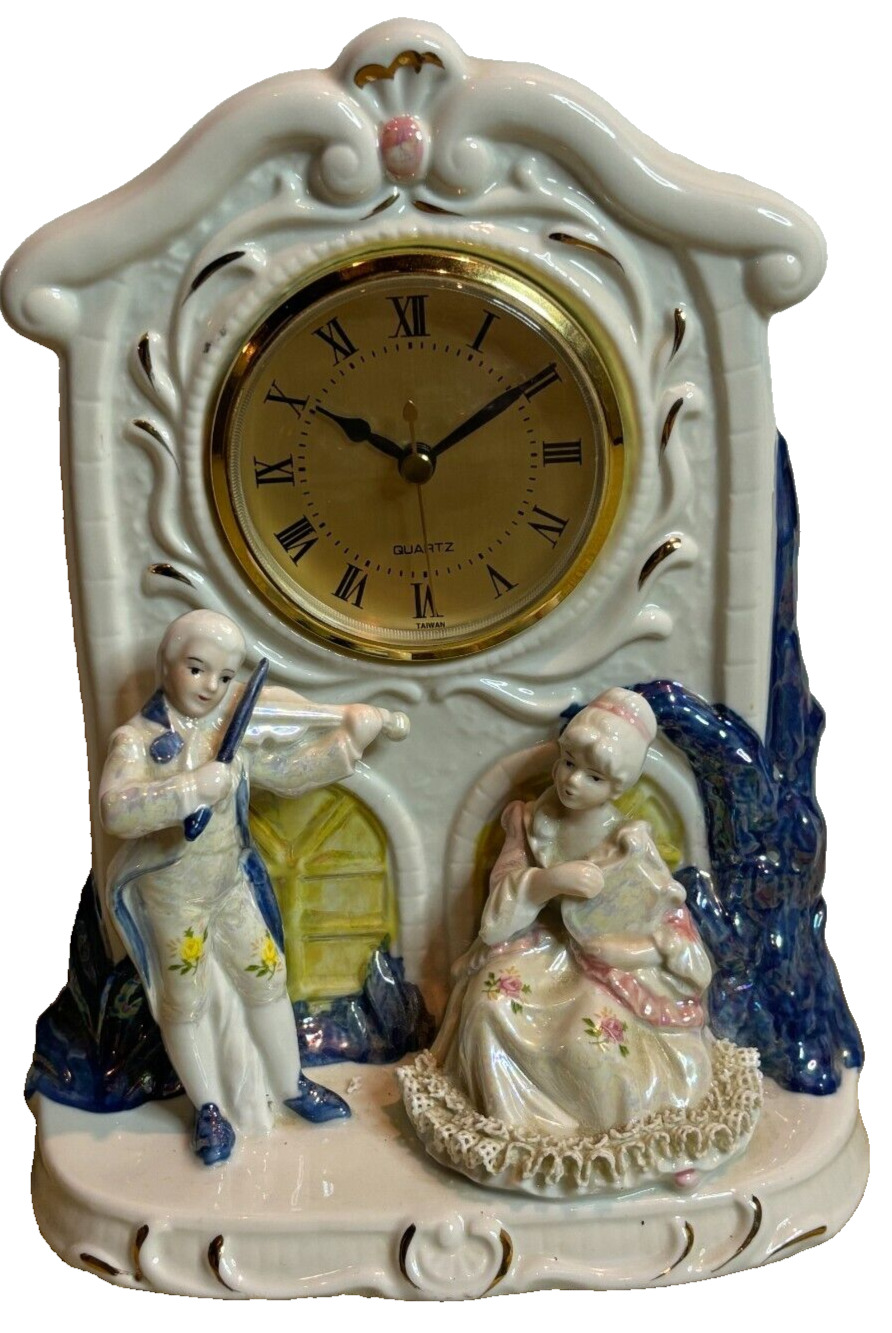 Vintage White Blue Porcelain China Shelf Alarm Mantel Clock Victorian Musicians
