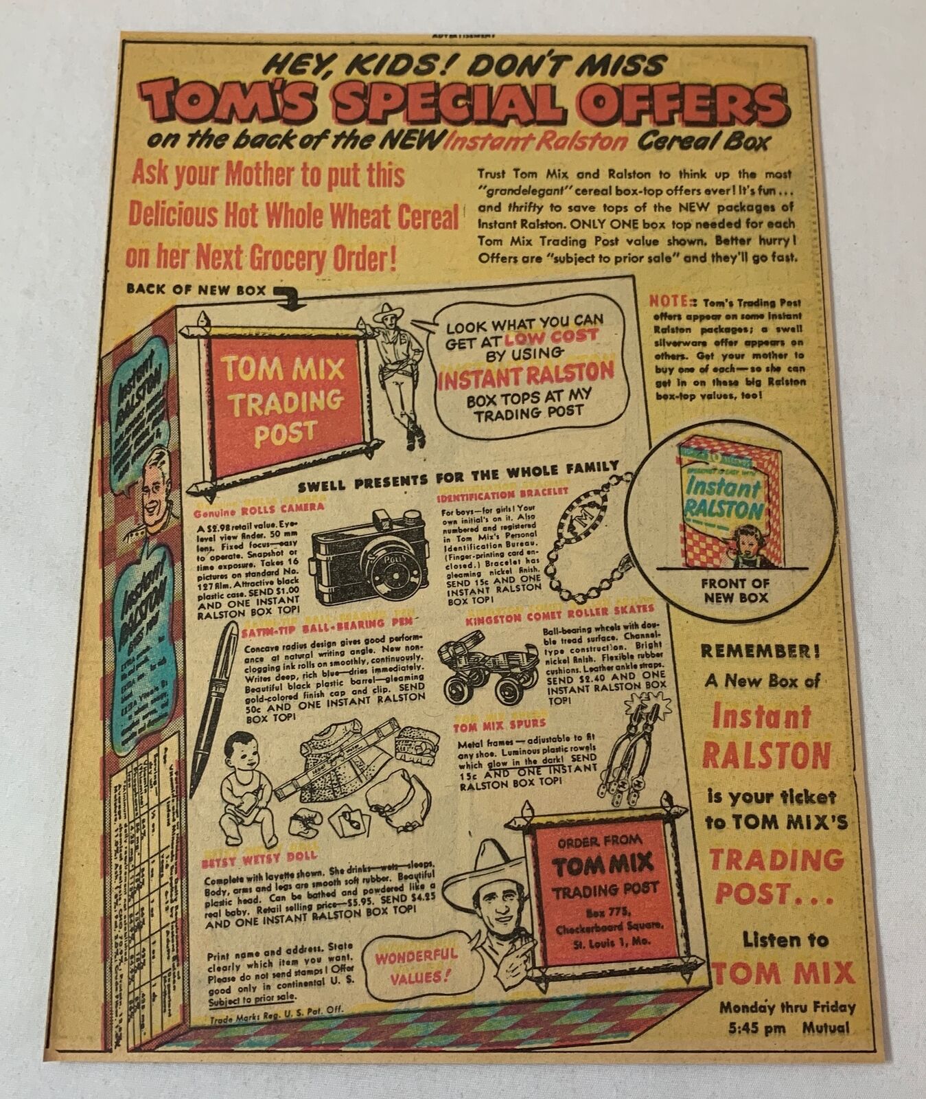1949 TOM MIX Instant Ralston cereal premiums ad ~ TOM'S SPECIAL OFFERS