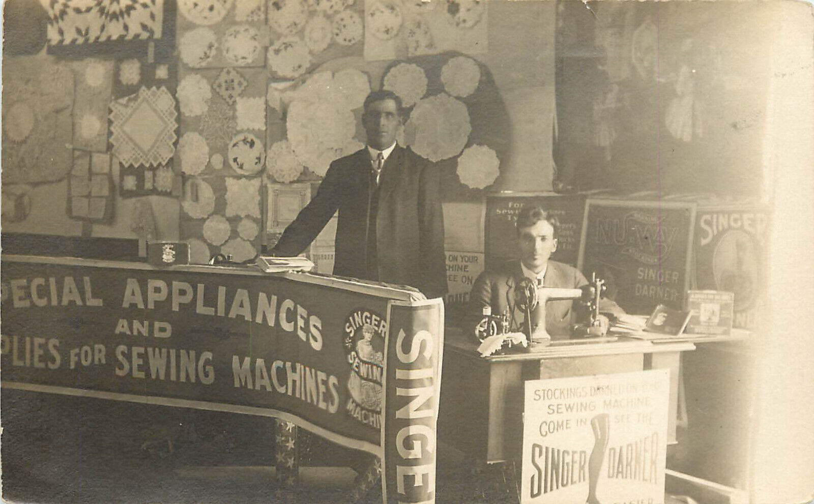 RPPC Postcard Singer Sewing Machine & Darner Display Booth Unknown Fair