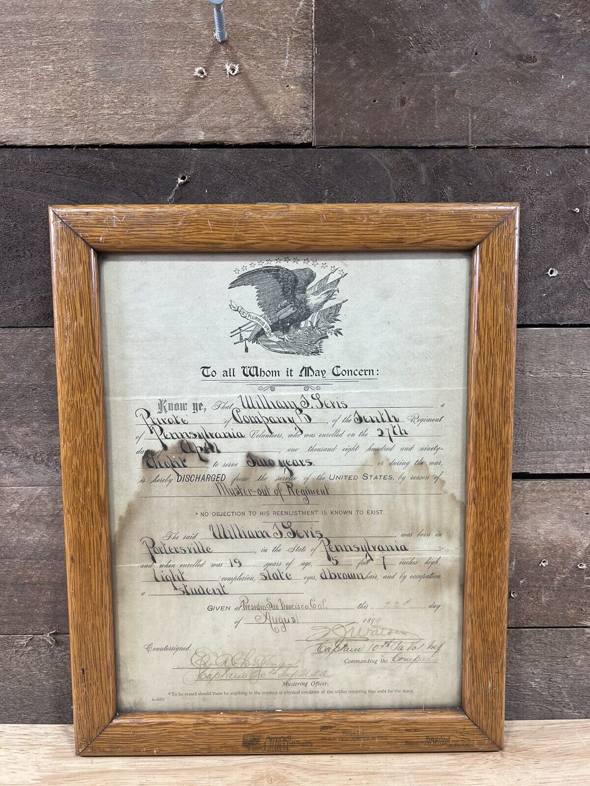 Antique Spanish American War Discharge Papers 1899 William J. Seris