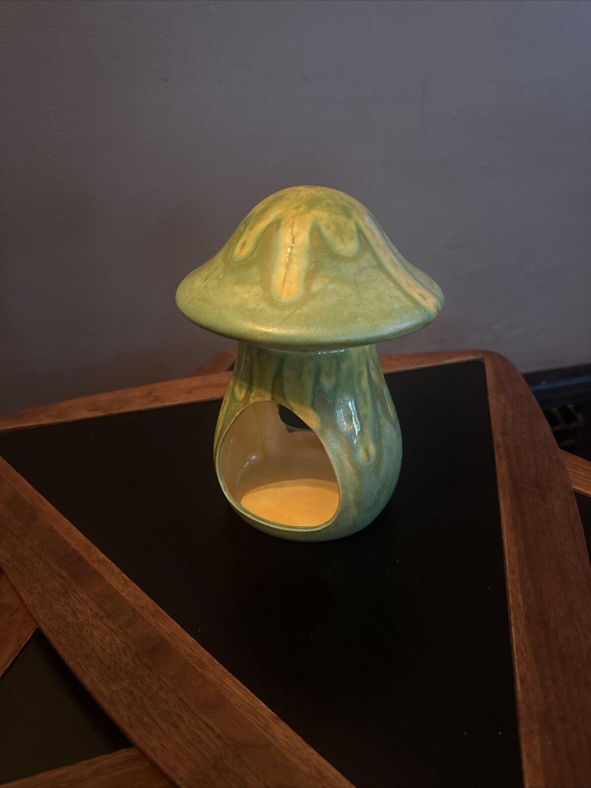 Vintage Mushroom Figurine Green Speckle Toad Stool Fairy Garden Ceramic 8” 1978