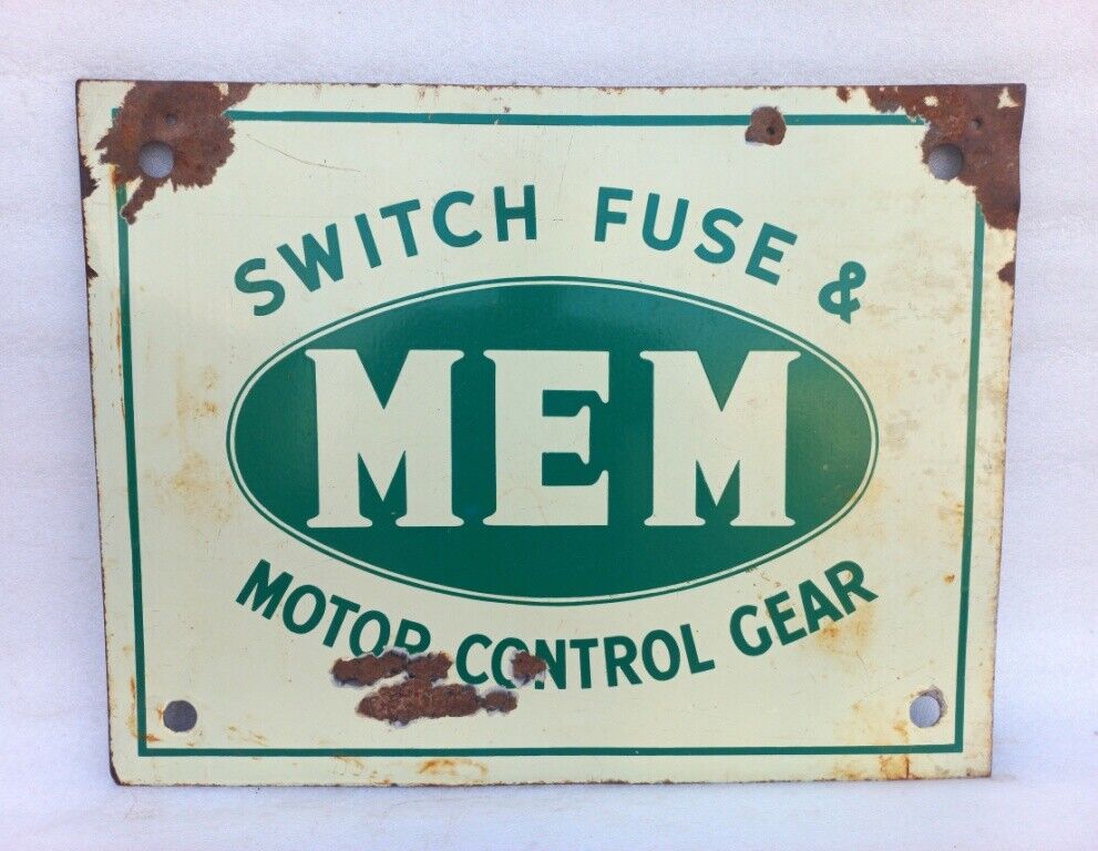 1950's VINTAGE MEM SWITCH FUSE & MOTOR CONTROL GEAR PORCELAIN ENAMEL SIGN BOARD