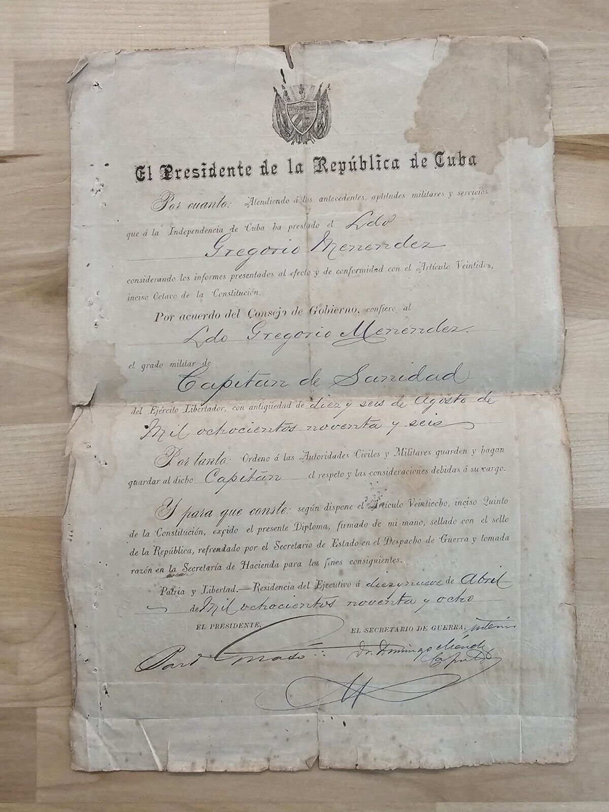 1898 CUBA MAJOR GENERAL BARTOLOME MASO SPAN AM WAR SIGNED DOCUMENT AUTOGRAPHED