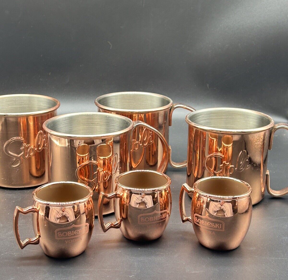 4 Vtg. Stoli Moscow Mule Copper Stainless Steel & 3 Sobieski Copper Shot Glass