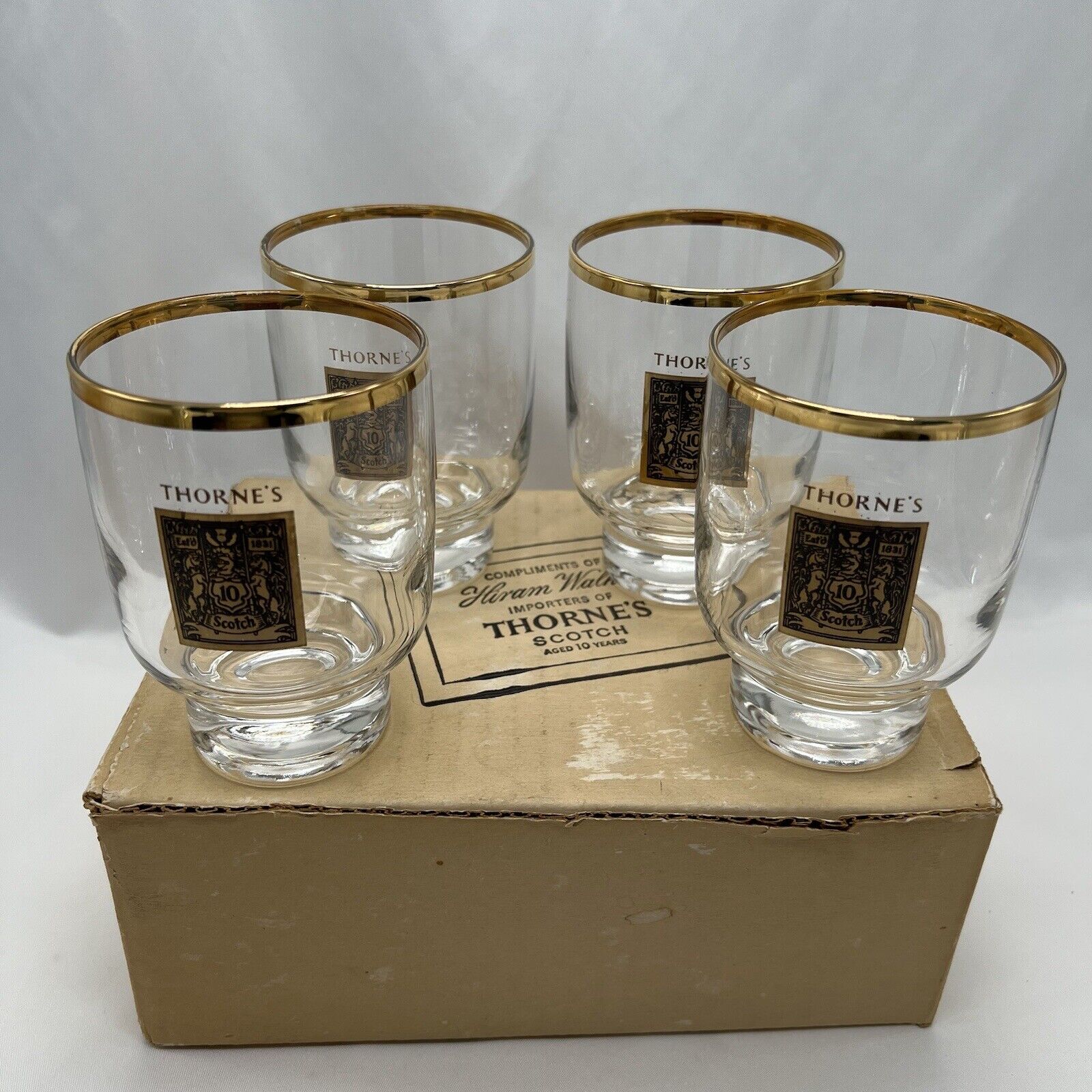 Vintage Thorne\'s 22K Gold Logo/Rim Cocktail Glasses Federal Glass Co. Set of 4