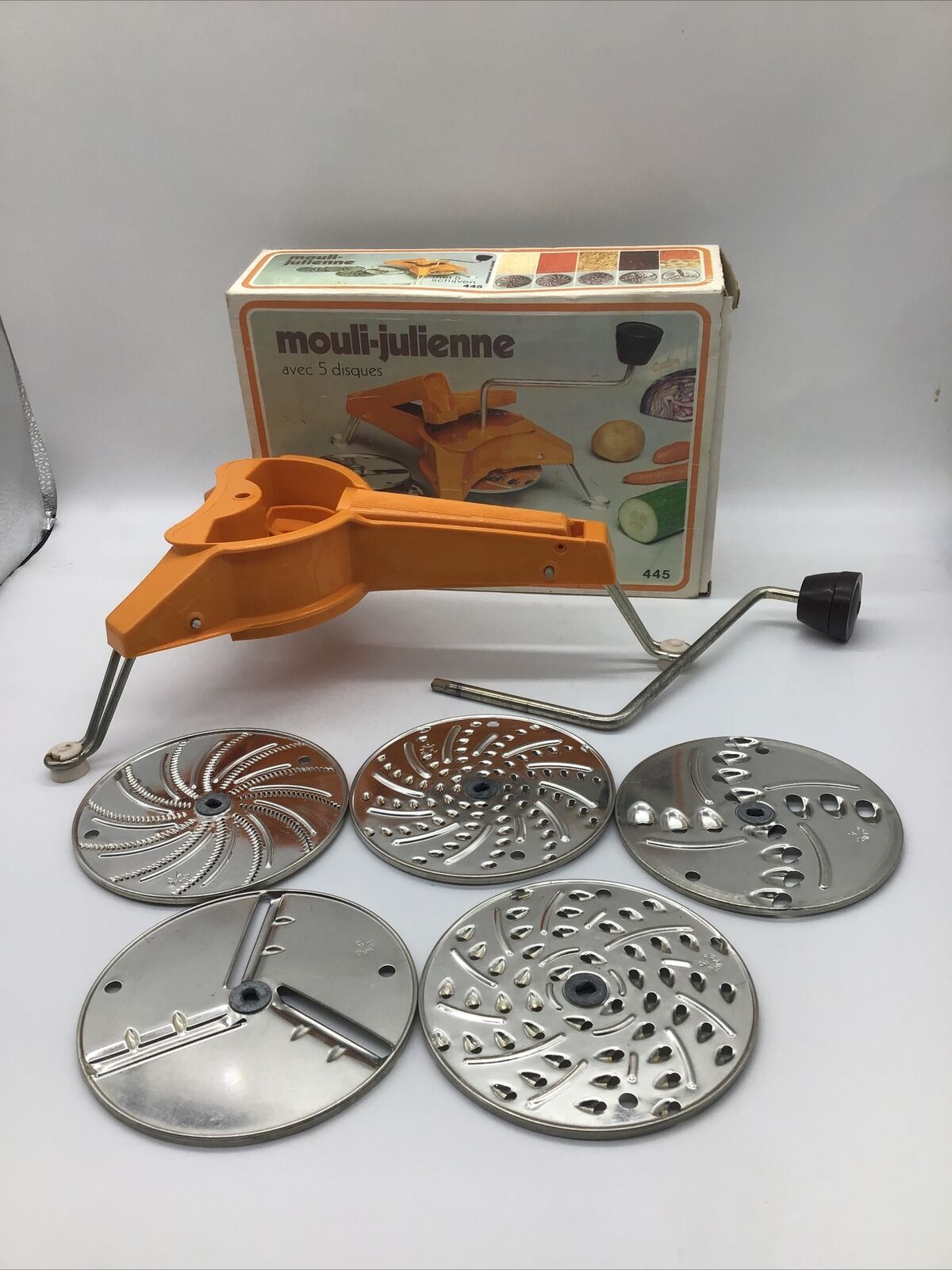 Moulinex 445 Mouli Julienne Vintage Food Shredder Slicer Original Box w/  5 Disc