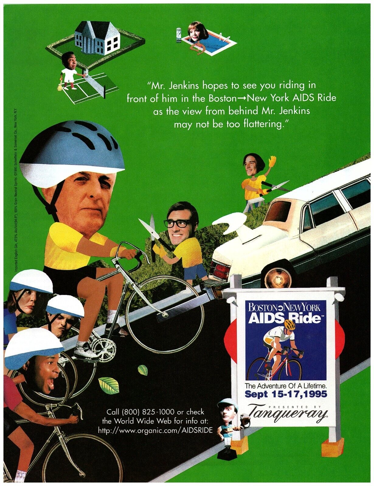1995 Tanqueray Print Ad, Boston To New York AIDS Ride Mr. Jenkins Bike Ride Art
