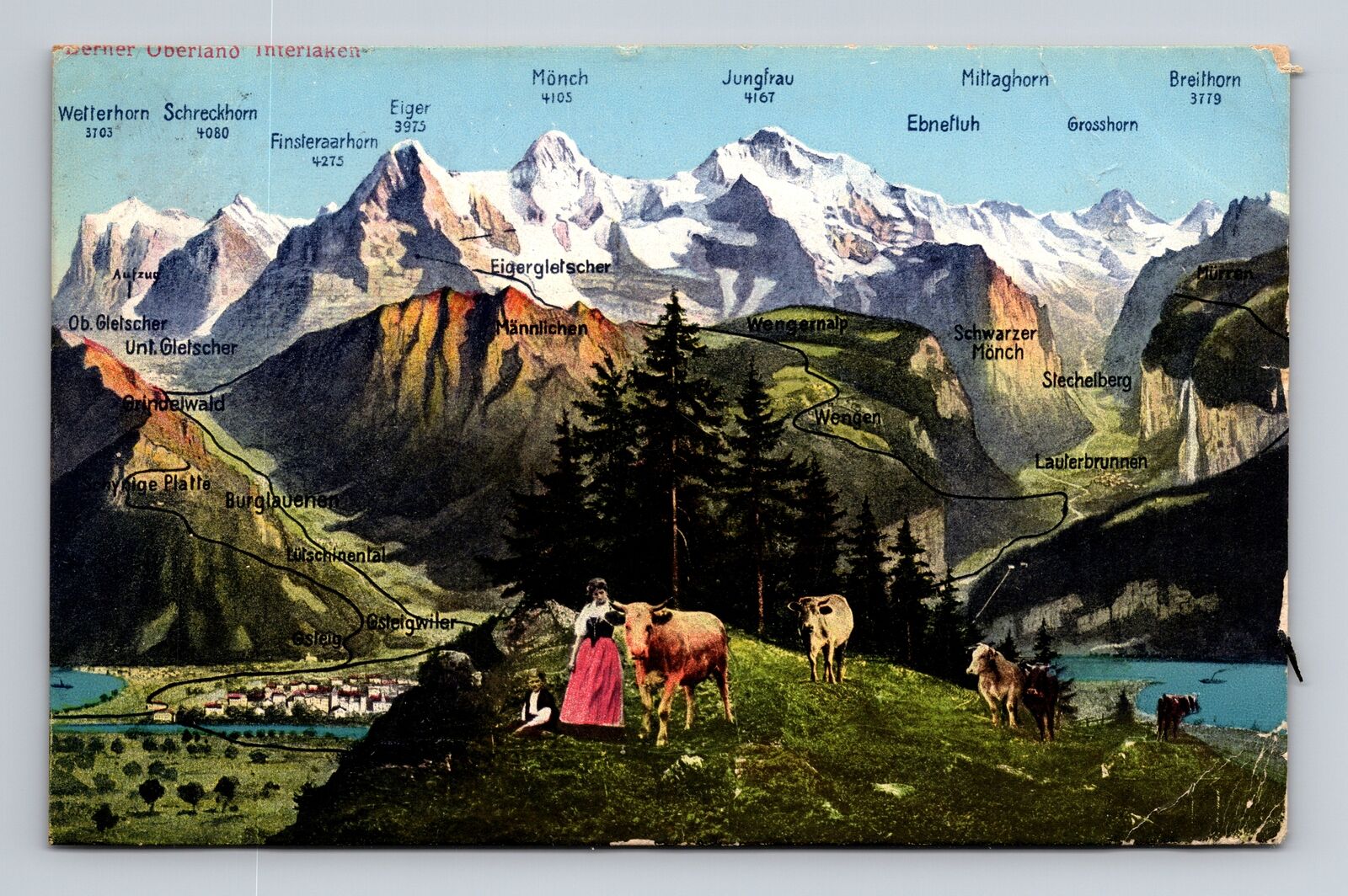 c1913 DB Postcard Keyed Map Bernese Alps Swizterland Cows Lady Boy