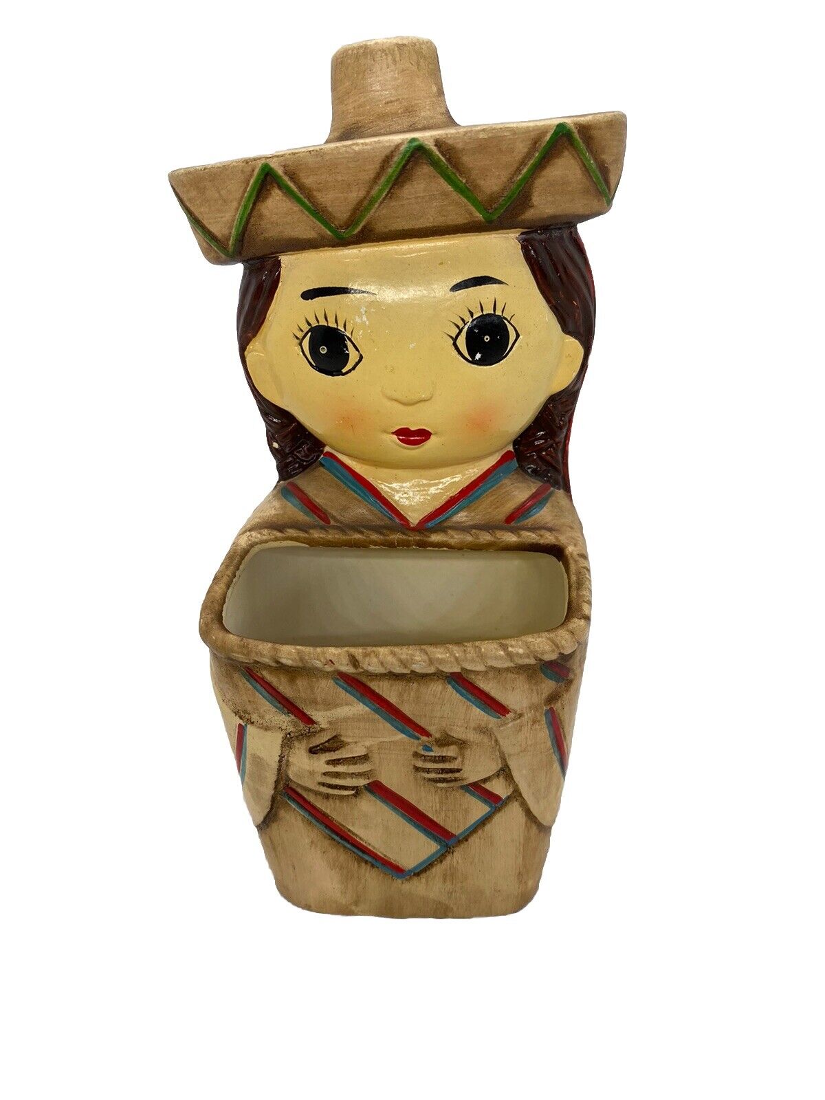 Hand Painted Ceramic Mexican Girl Wall Pocket Vase MIJ 1960’s