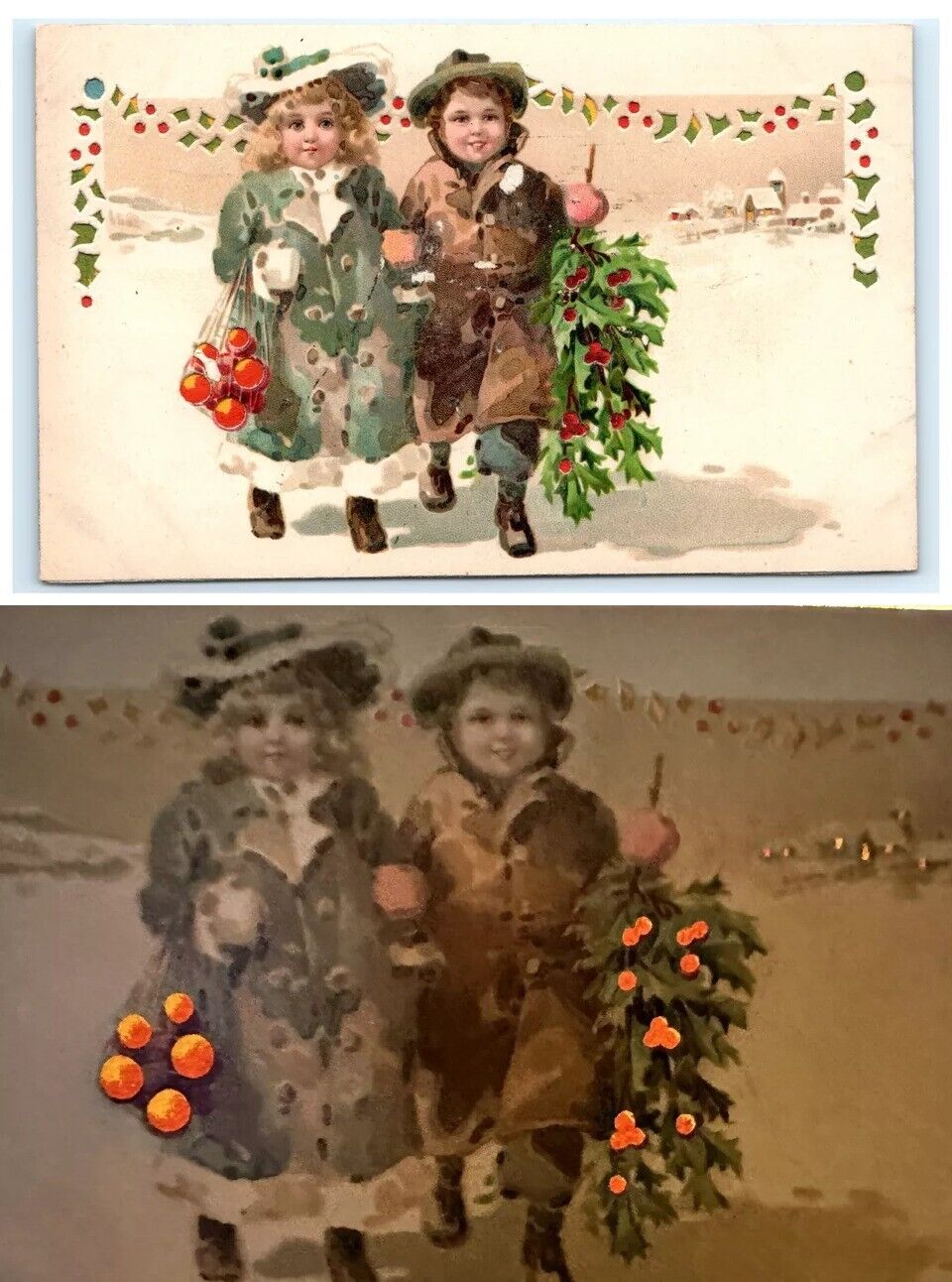 Hold To Light Christmas~ Children with Holly & Fruit ~Antique HTL Xmas~Postcard~