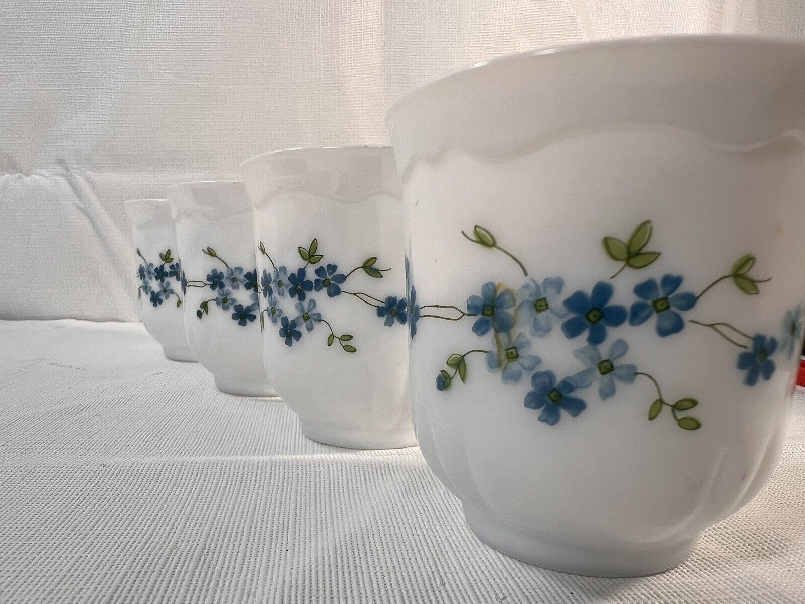 4 Vintage  Arcopal Teacups, Blue Floral Design On Tea Cup, France