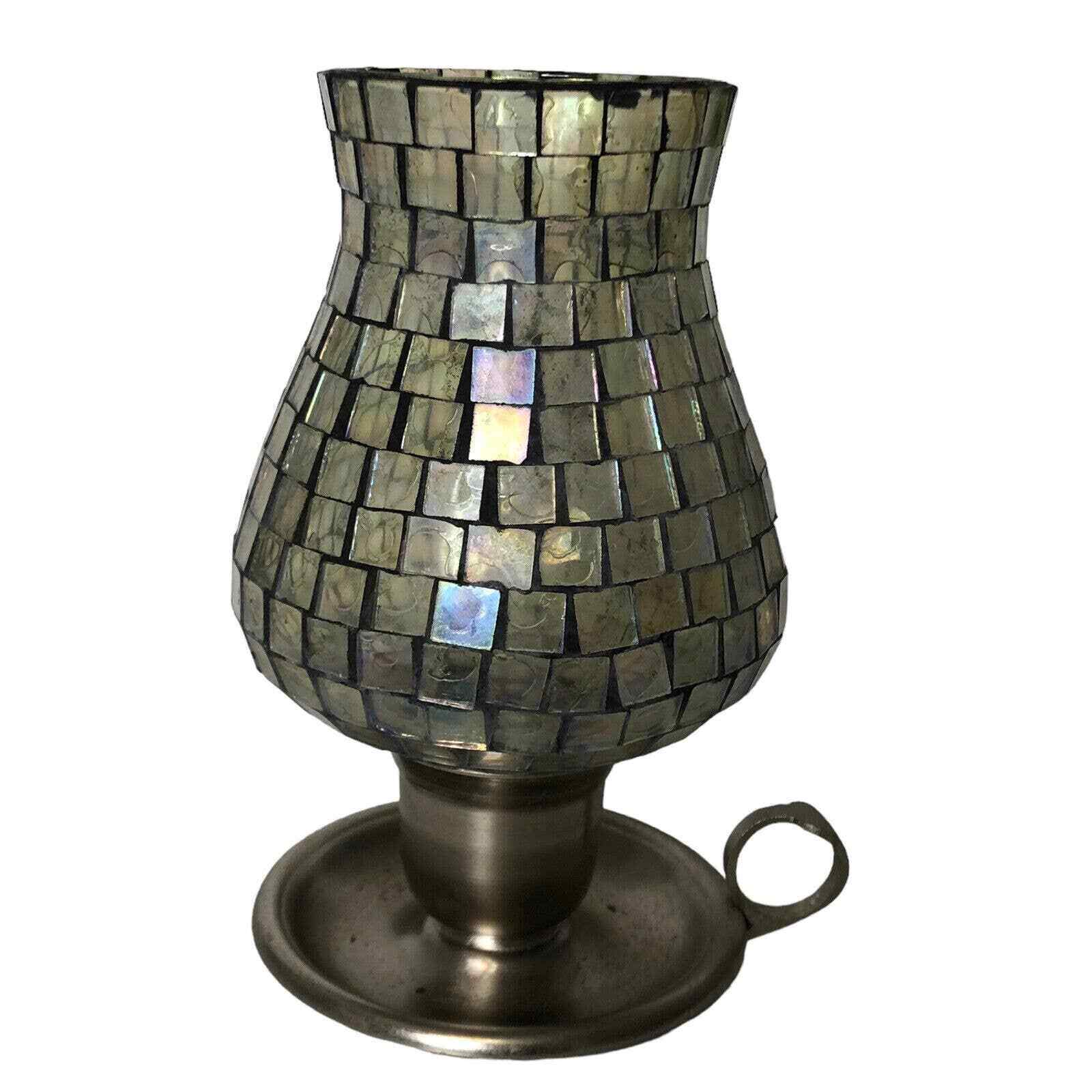 Mosaic Candle Holder Silver With Finger Loop Hurricane Stained Glass Mosaic