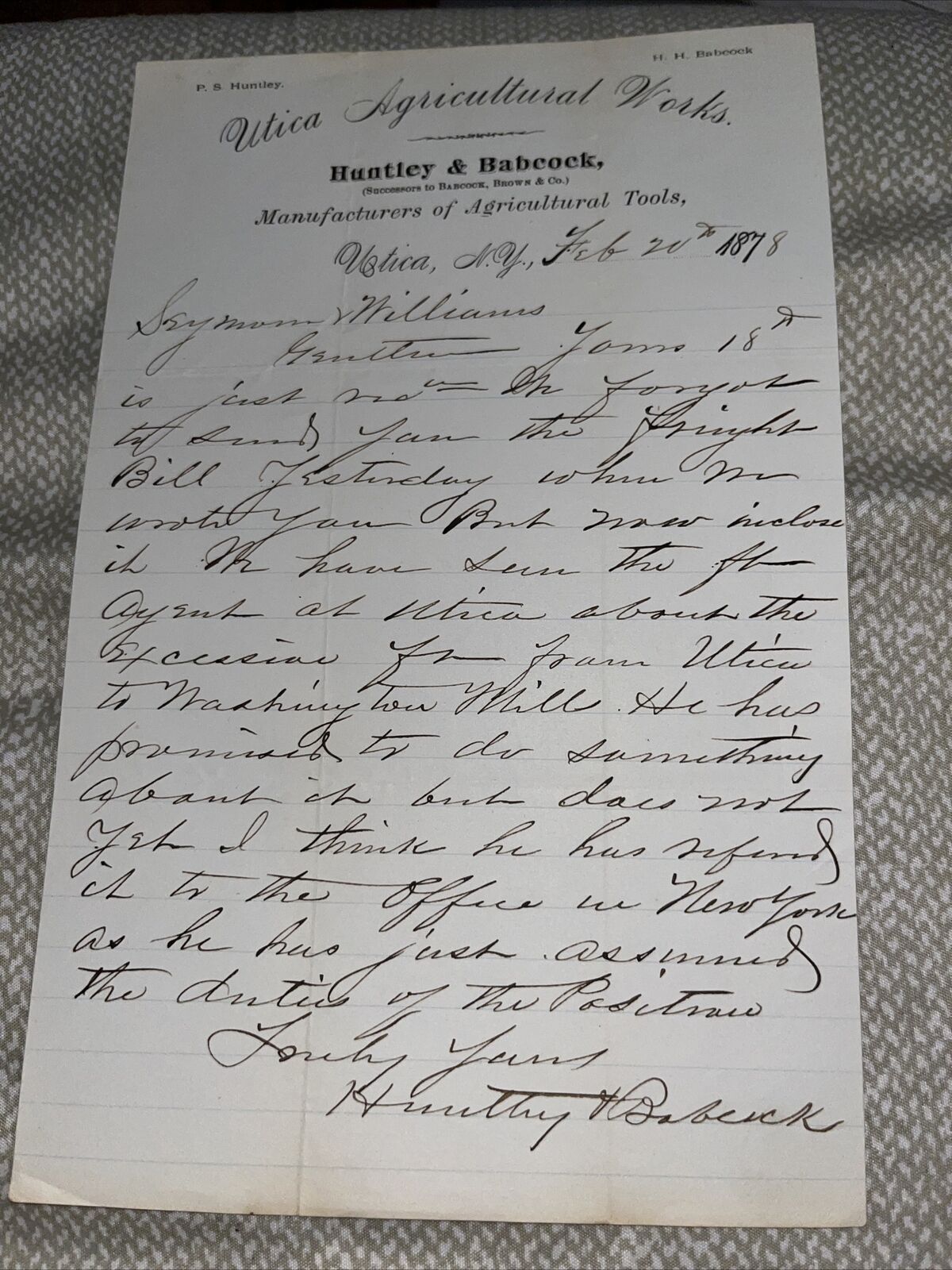 Antique 1878 Letter Utica Agricultural Works Letterhead Huntley Babcock New York