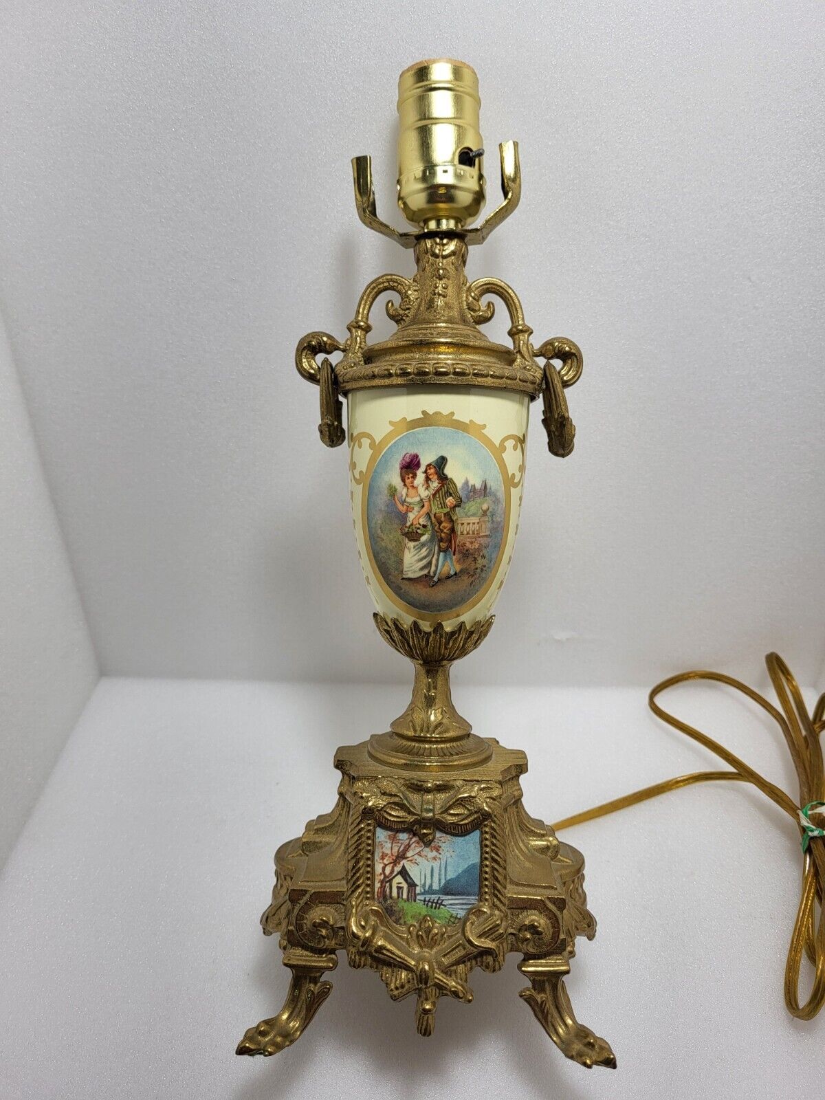 Antique Bronze Porcelain Boudoir Lamp Made In Italy Watteau Scene Cobalt w Gold.