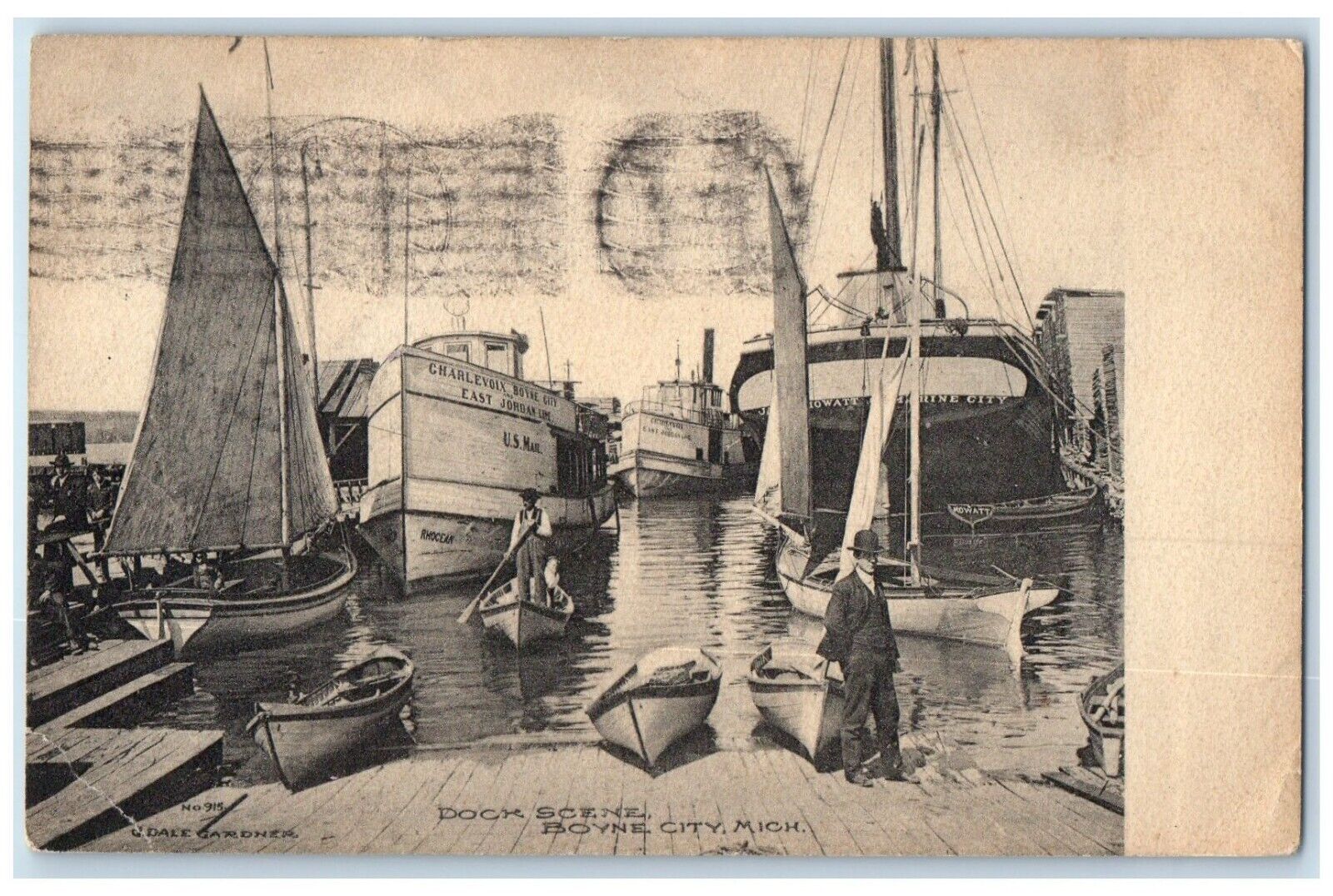 1908 Dock Scene Boyne City Michigan MI, Steamer Ship Sailing Boat Postcard