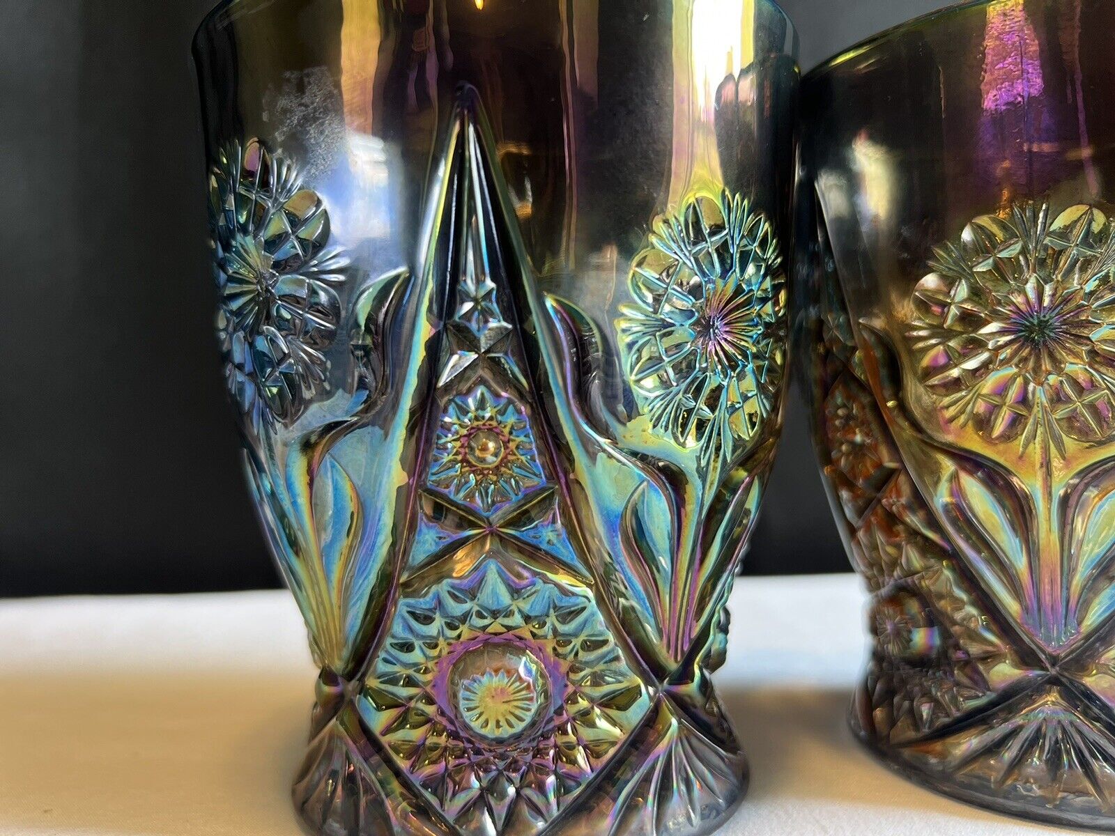 Very Rare Imperial Glass 474 Peacock Revival Carnival Glass Mug Pair