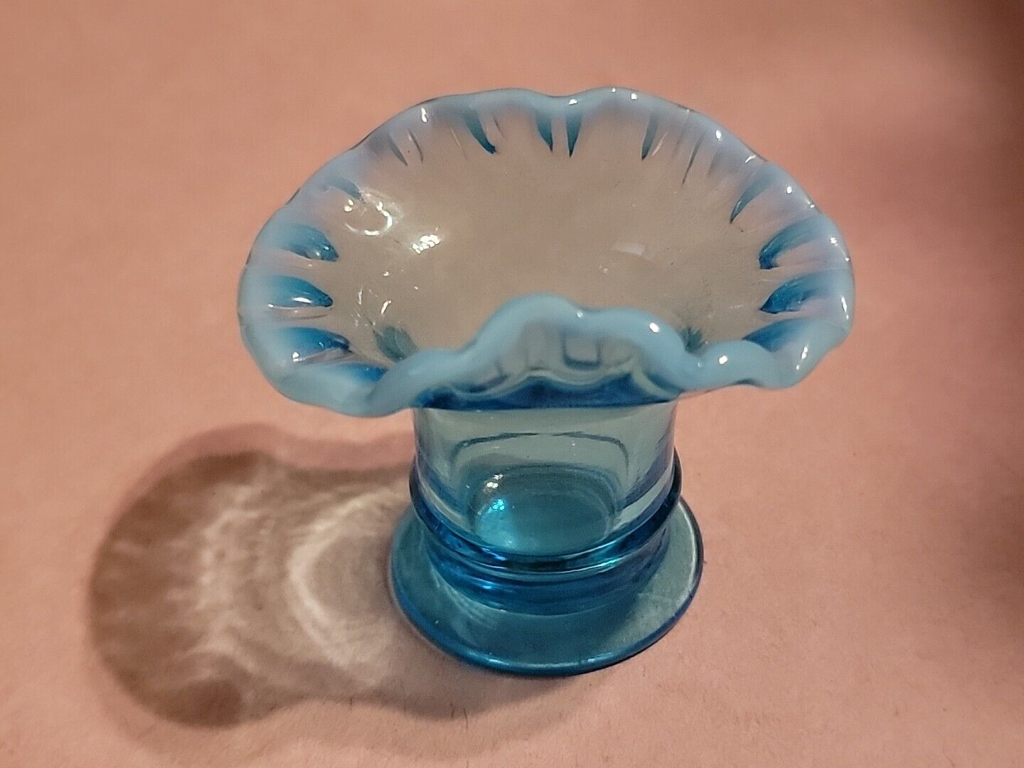 Fenton Mini Iridescent Opalescent Triangle Ruffled Vase Open Salt Cellar Blue