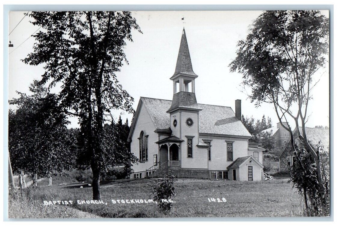 c1950's Baptist Church Bell Tower View Stockholm Maine ME RPPC Photo Postcard