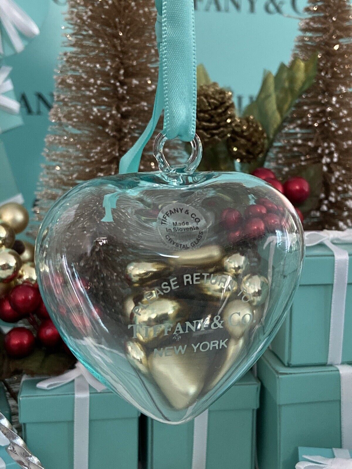 Tiffany&Co RTT Puffy Heart Ornament Blue Crystal Glass Christmas Holiday W Box