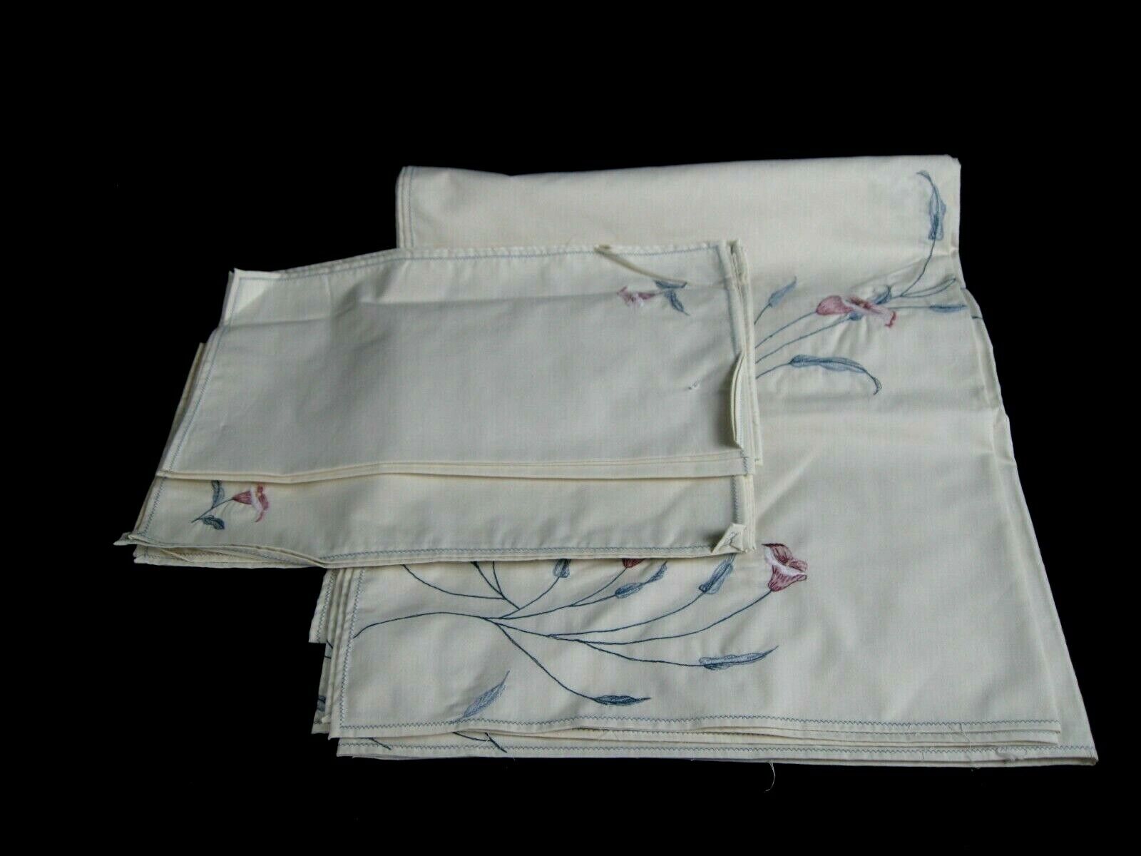 Belcrest Creme Oblong Floral Embroidered Tablecloth 64X120 & 12 Napkins Vintage
