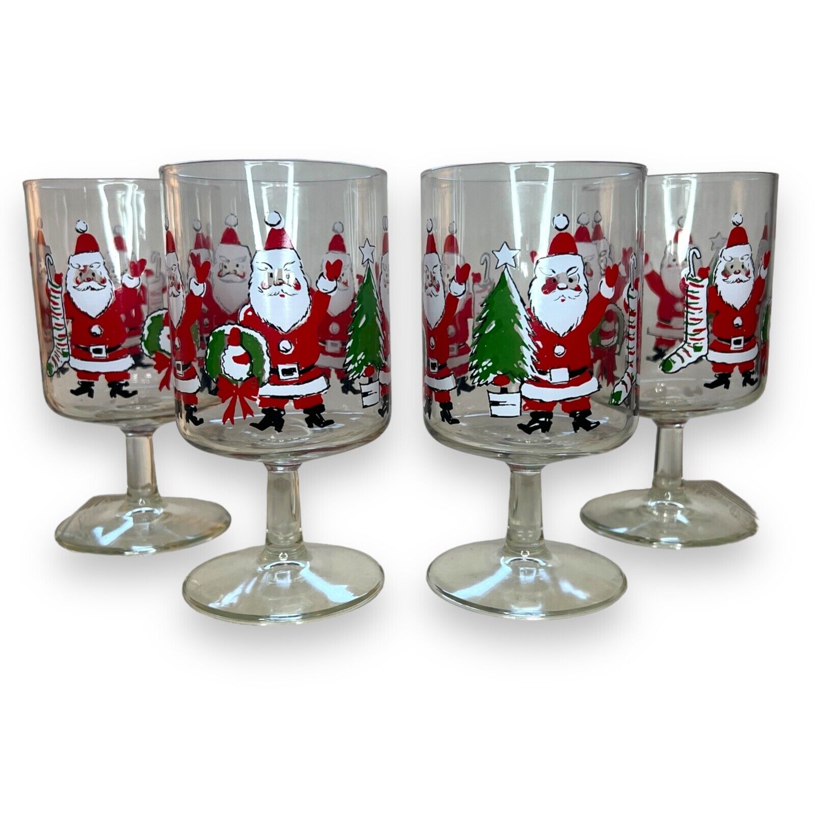 Vintage Clear Glass Christmas Santa Wine Glasses 6\