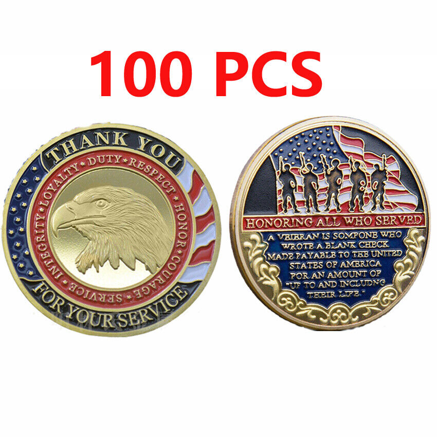 100PCS Military Thank You for Your Service Veteran Commemorative Challenge Coin