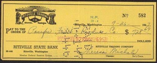 Antique Check 1940\'s Original Ritzville Trading Company State Bank Washington